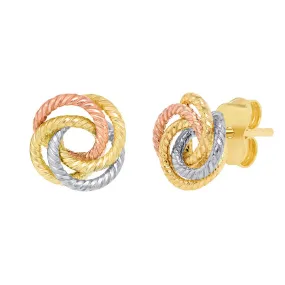 14K Tri-Color Gold Twisted Love Knot Stud Rope Earrings, 9mm