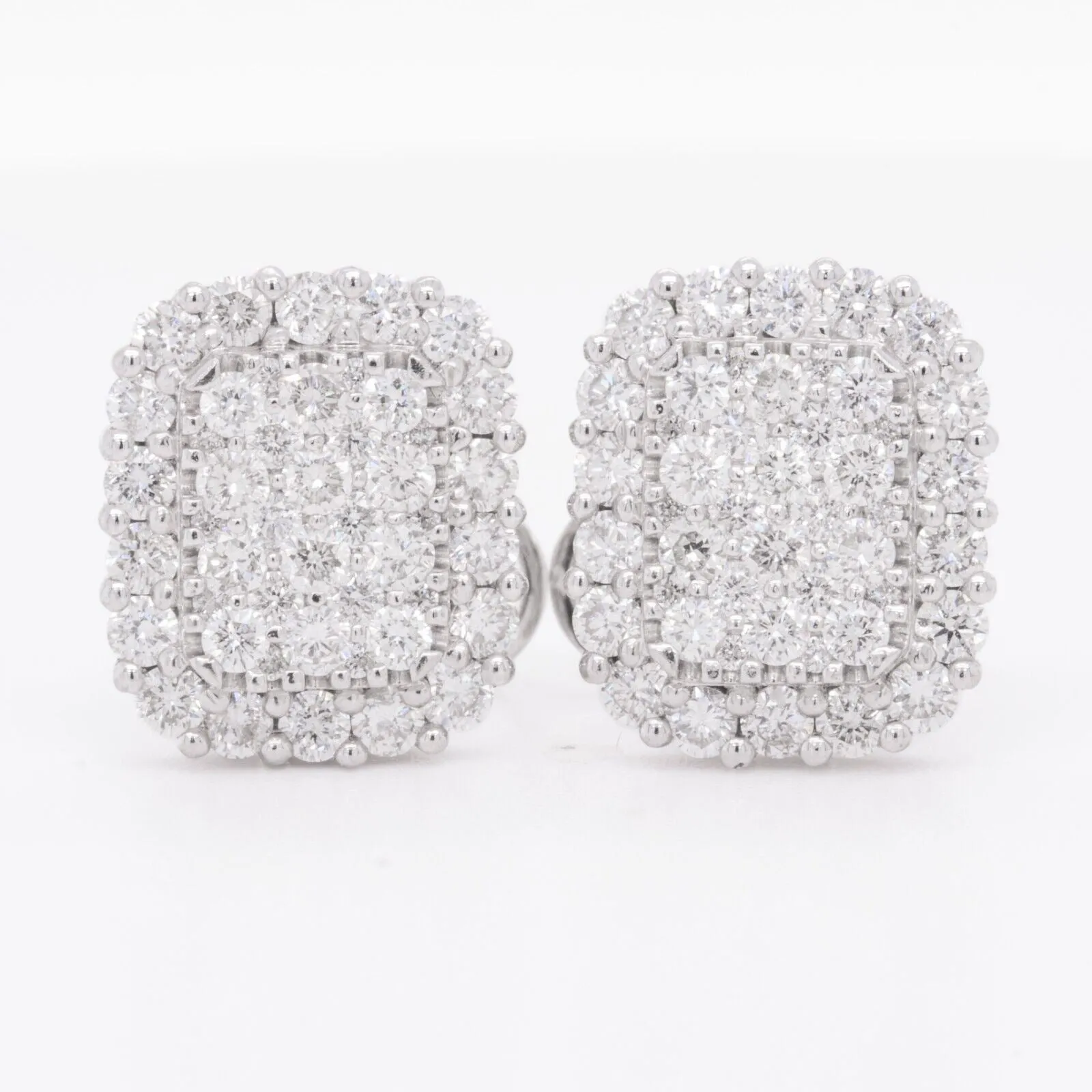 18k White Gold Diamond 60 Stone Cushion Stud Earrings 1.78ctw G VS2