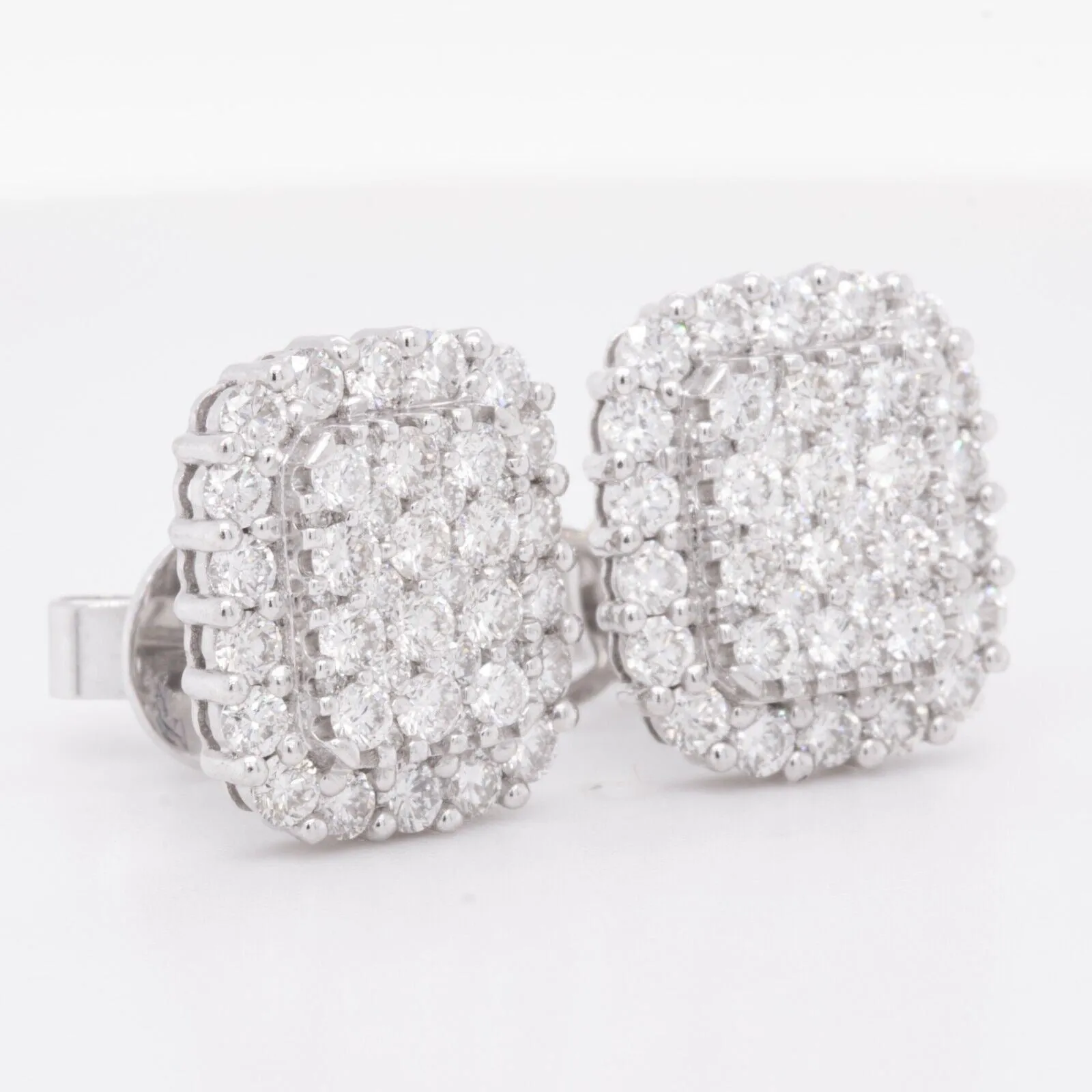 18k White Gold Diamond 60 Stone Cushion Stud Earrings 1.78ctw G VS2