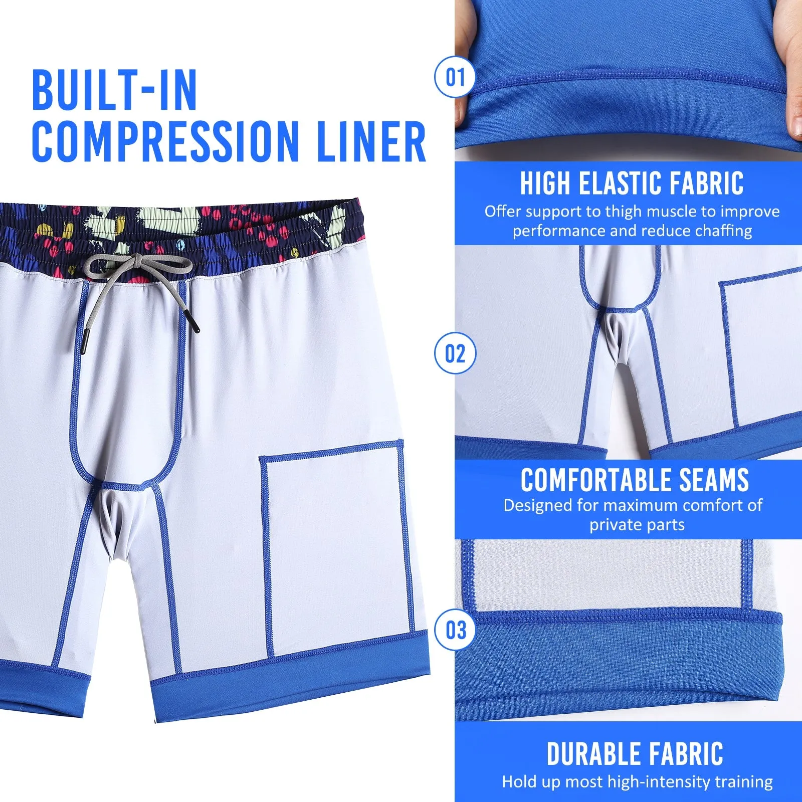 2 in 1 Stretch Long Lined Geometric Doodle Gym Shorts