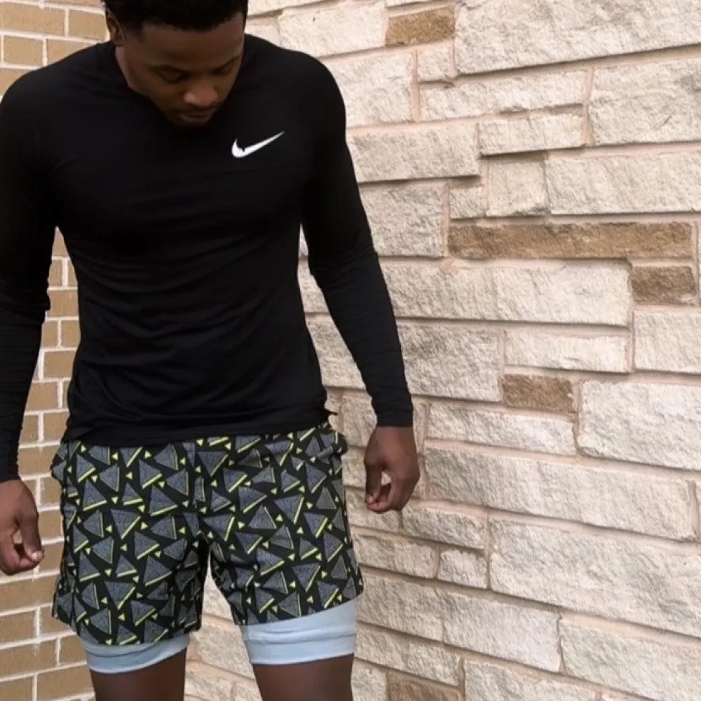 2 in 1 Stretch Long Lined Pyramid Black Gym Shorts