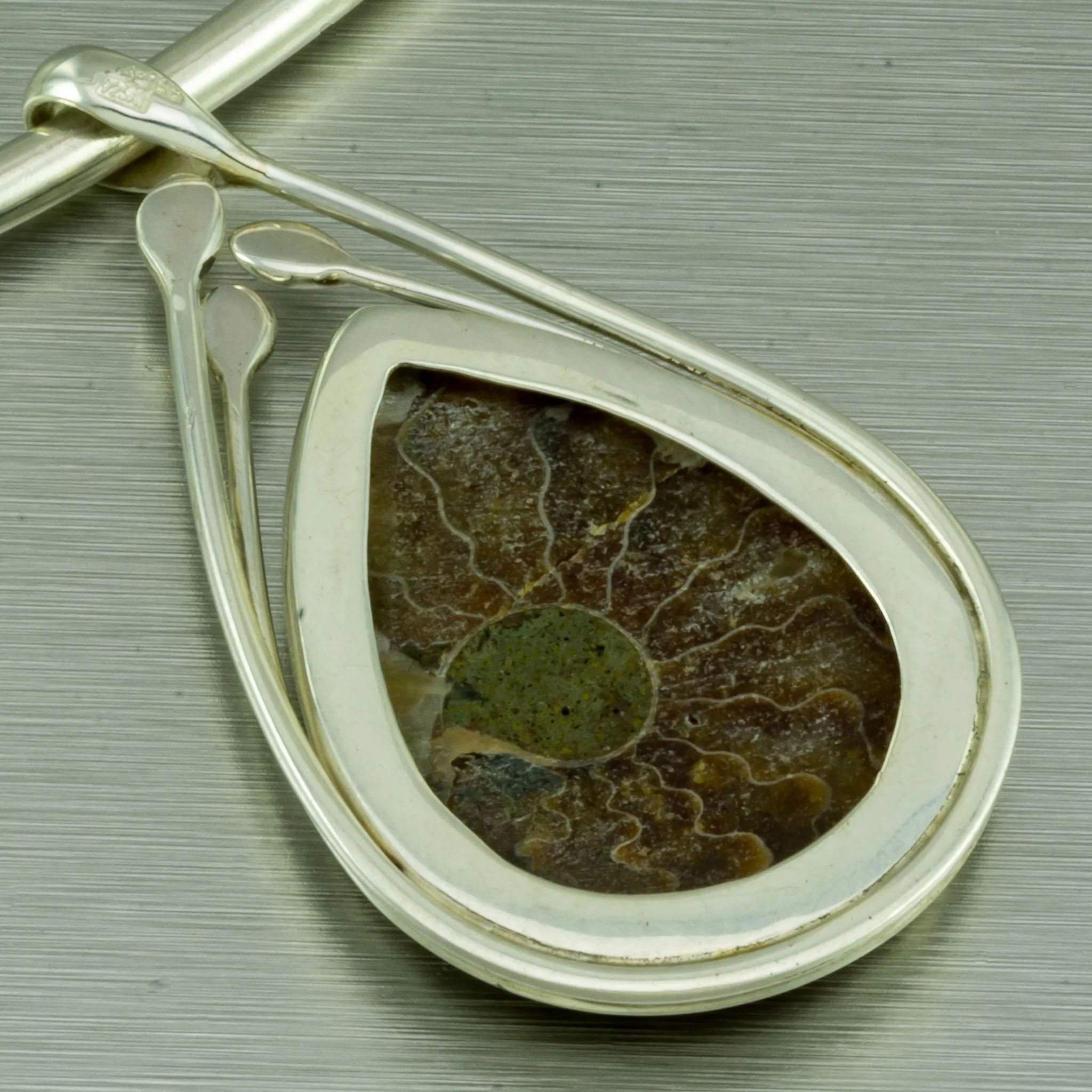 Ammonite Fossil Pear Shape Pendant. 92.5% Sterling Silver