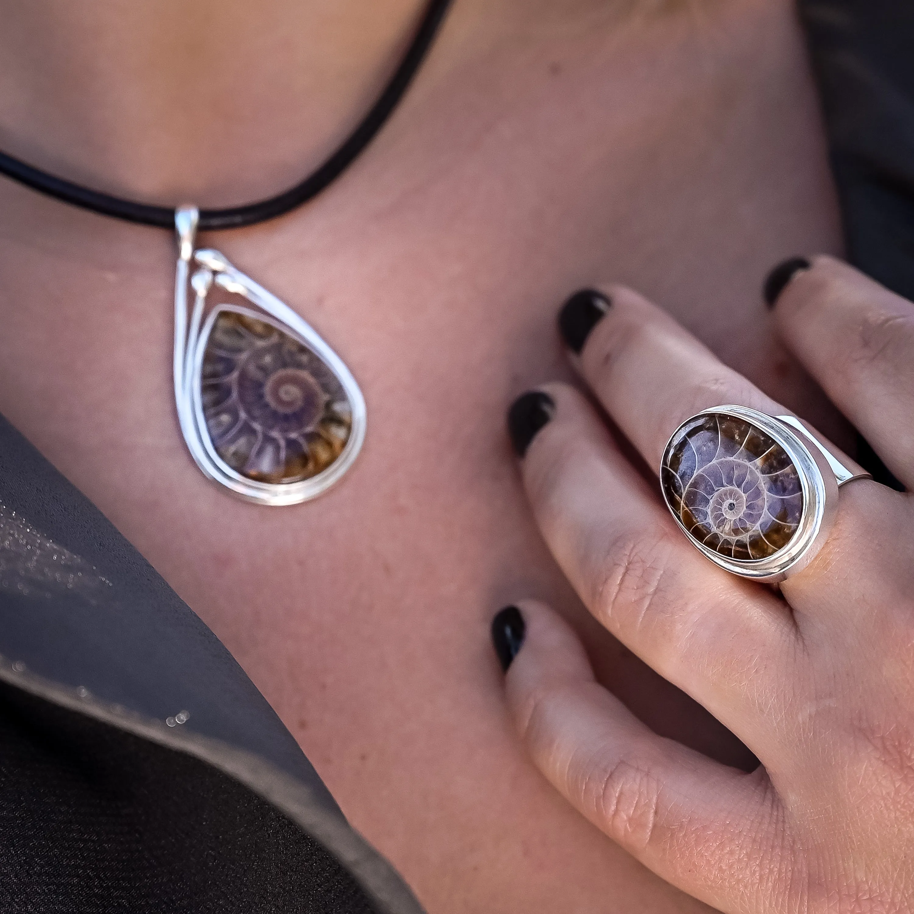 Ammonite Fossil Pear Shape Pendant. 92.5% Sterling Silver