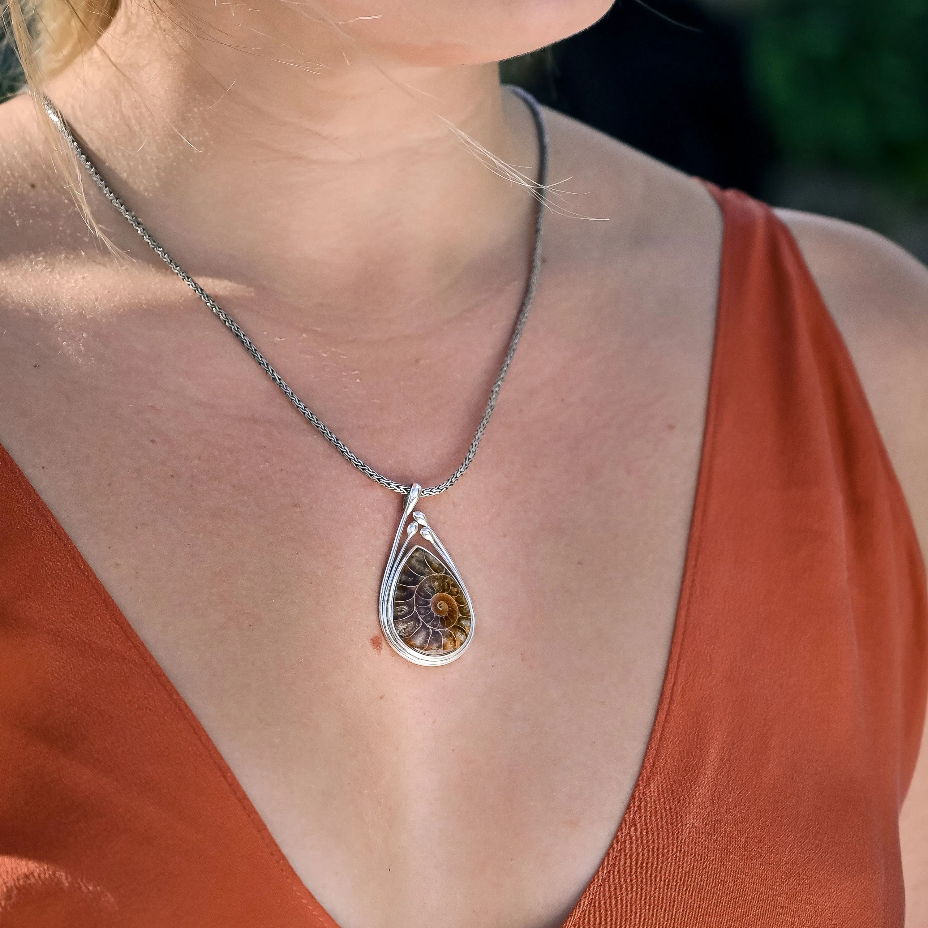 Ammonite Fossil Pear Shape Pendant. 92.5% Sterling Silver