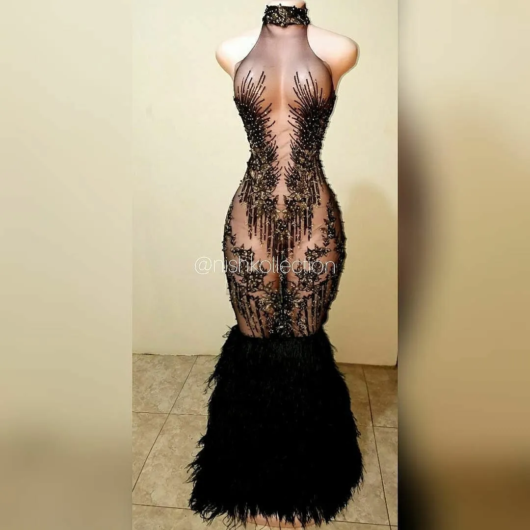 Asimi Embroidery feather turtle neck mermaid gown