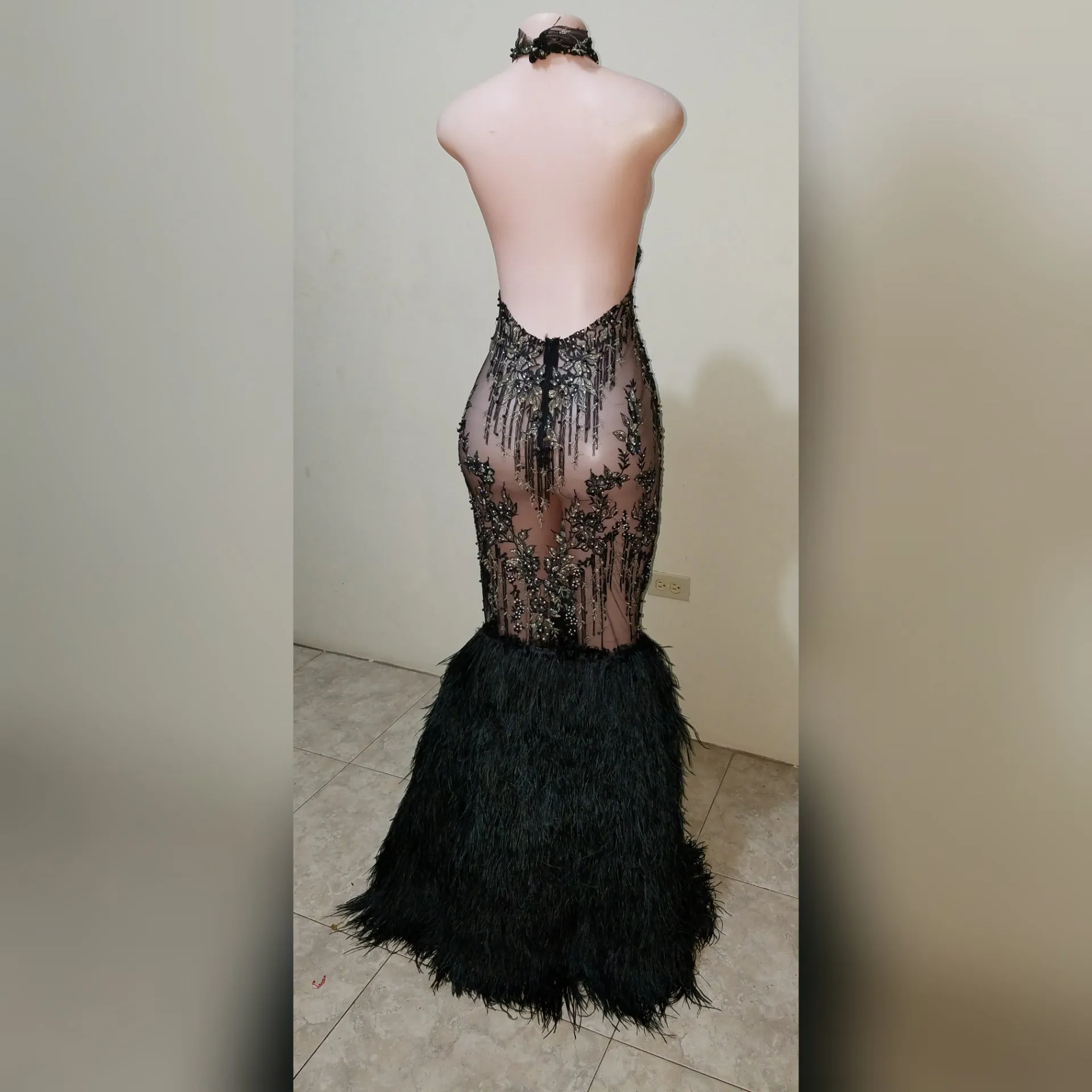 Asimi Embroidery feather turtle neck mermaid gown
