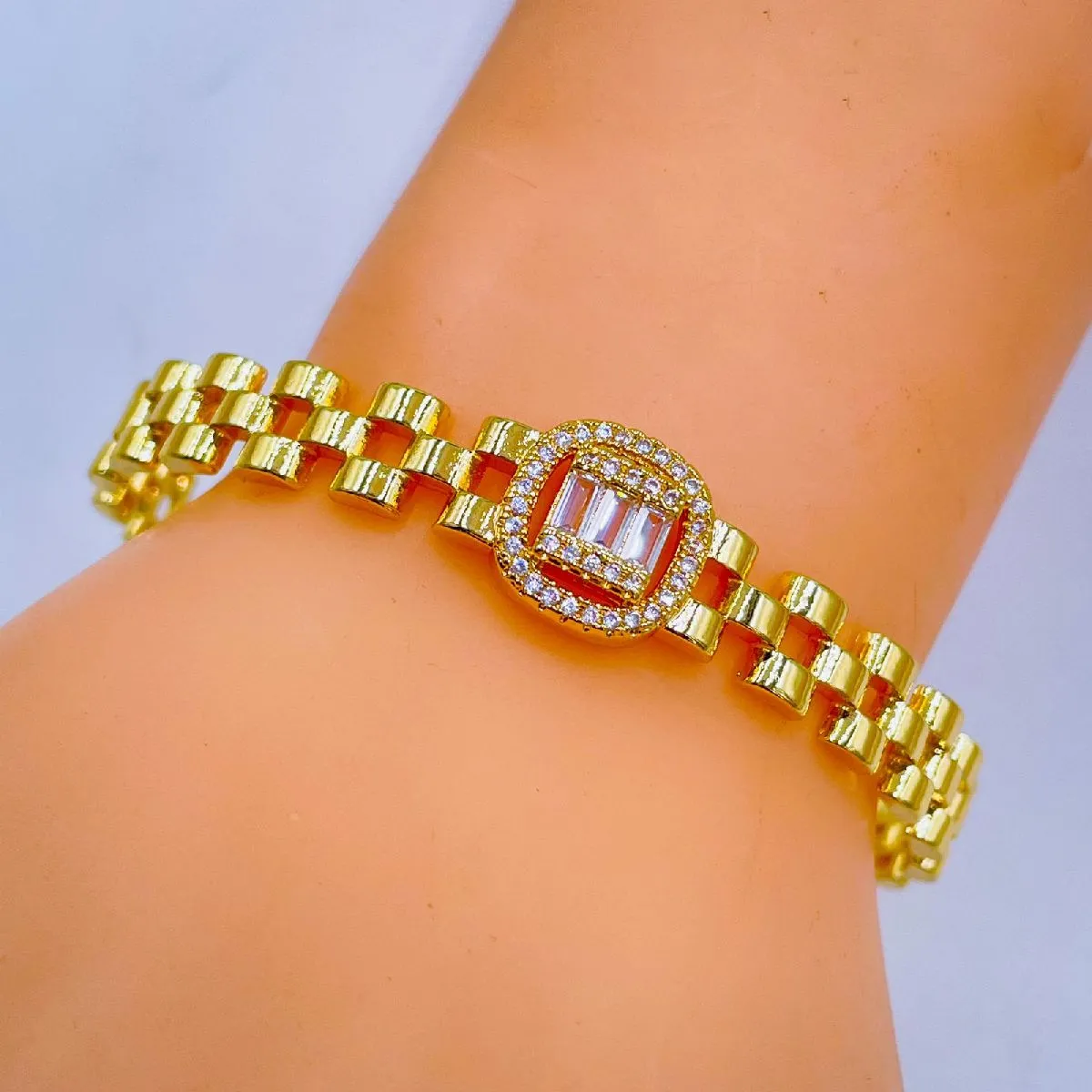 Baguette Cubic Zirconia 18K Gold Watch Belt Copper Cuff Bangle For Women
