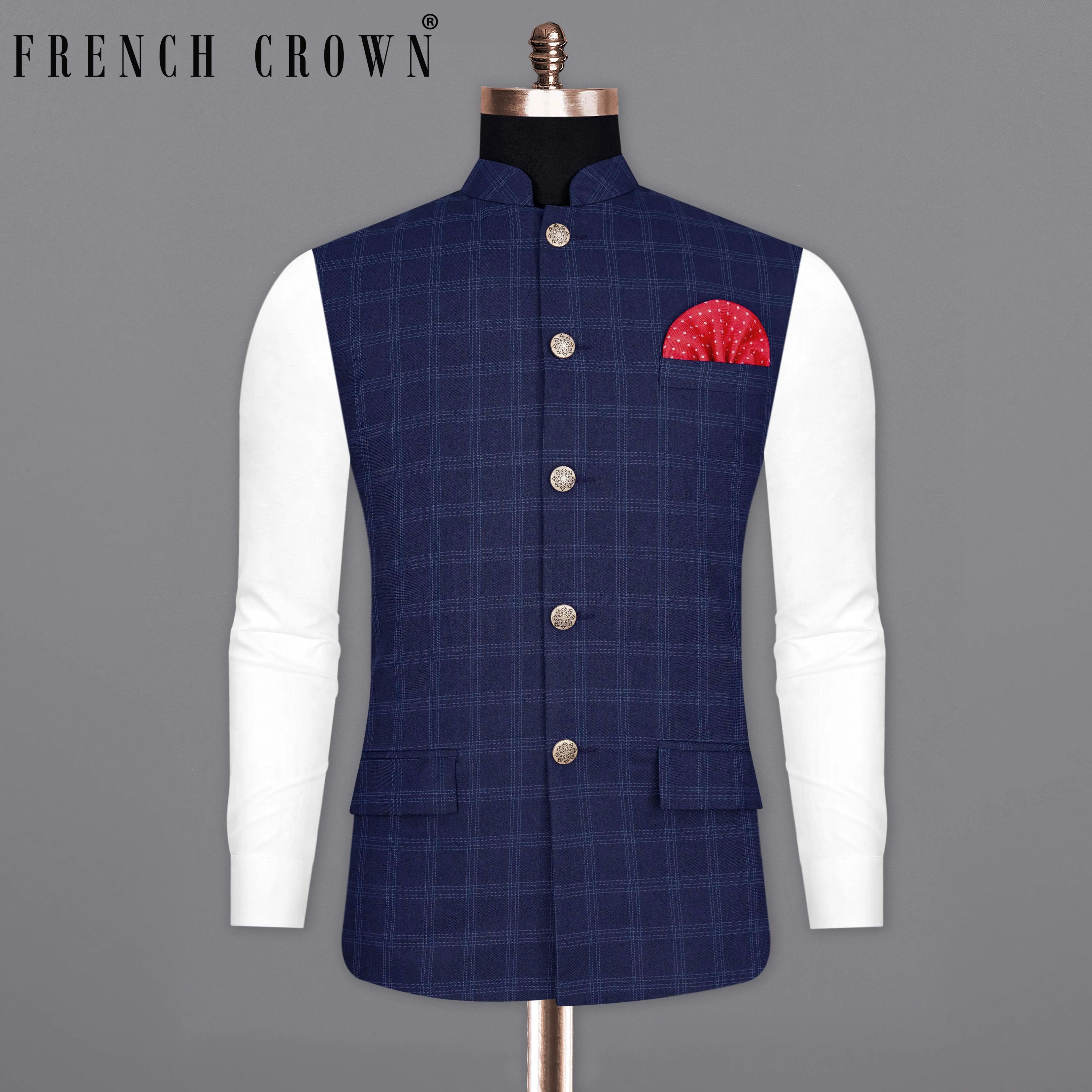 Baltic Sea Blue Windowpane Bandhgala Nehru Jacket