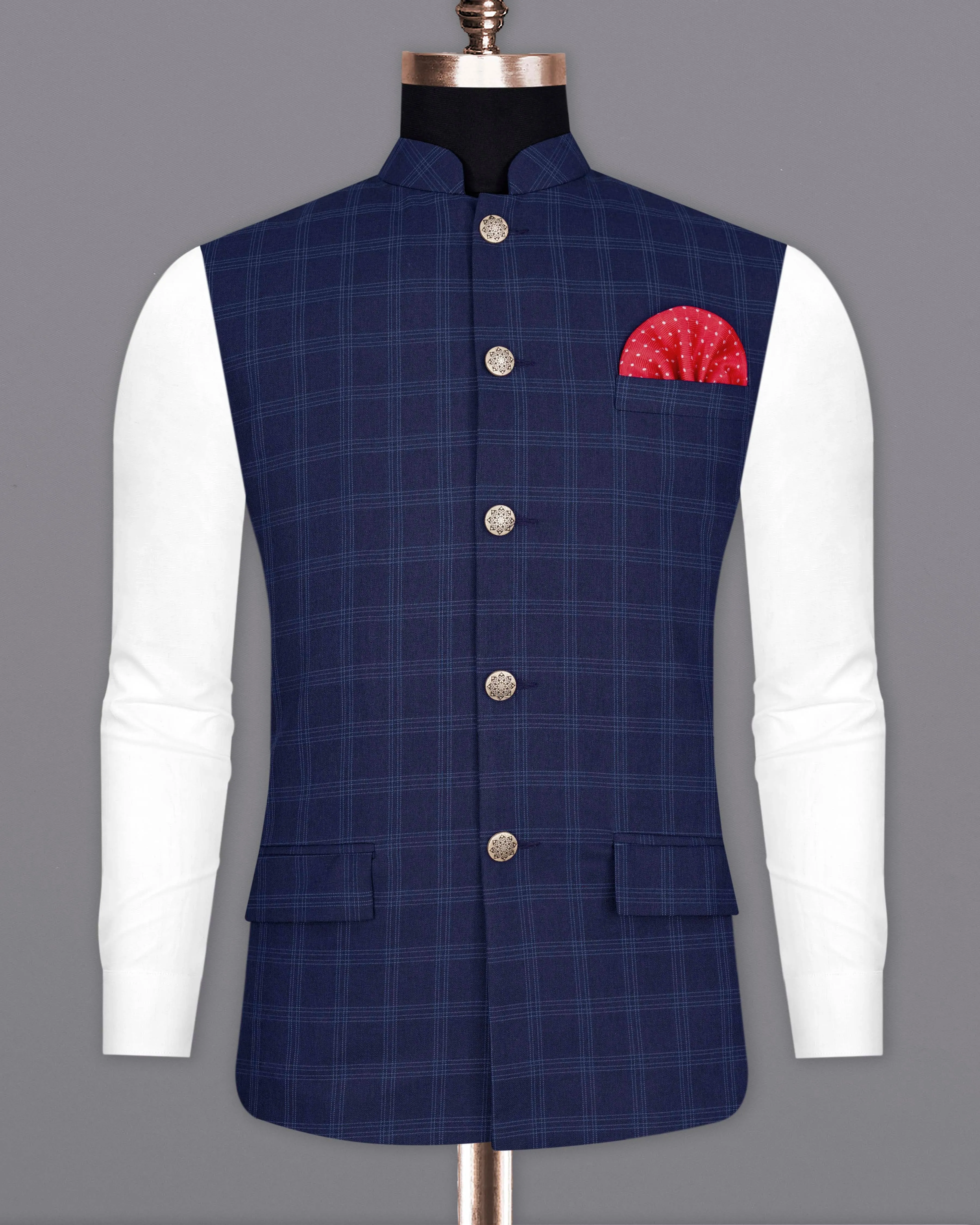 Baltic Sea Blue Windowpane Bandhgala Nehru Jacket
