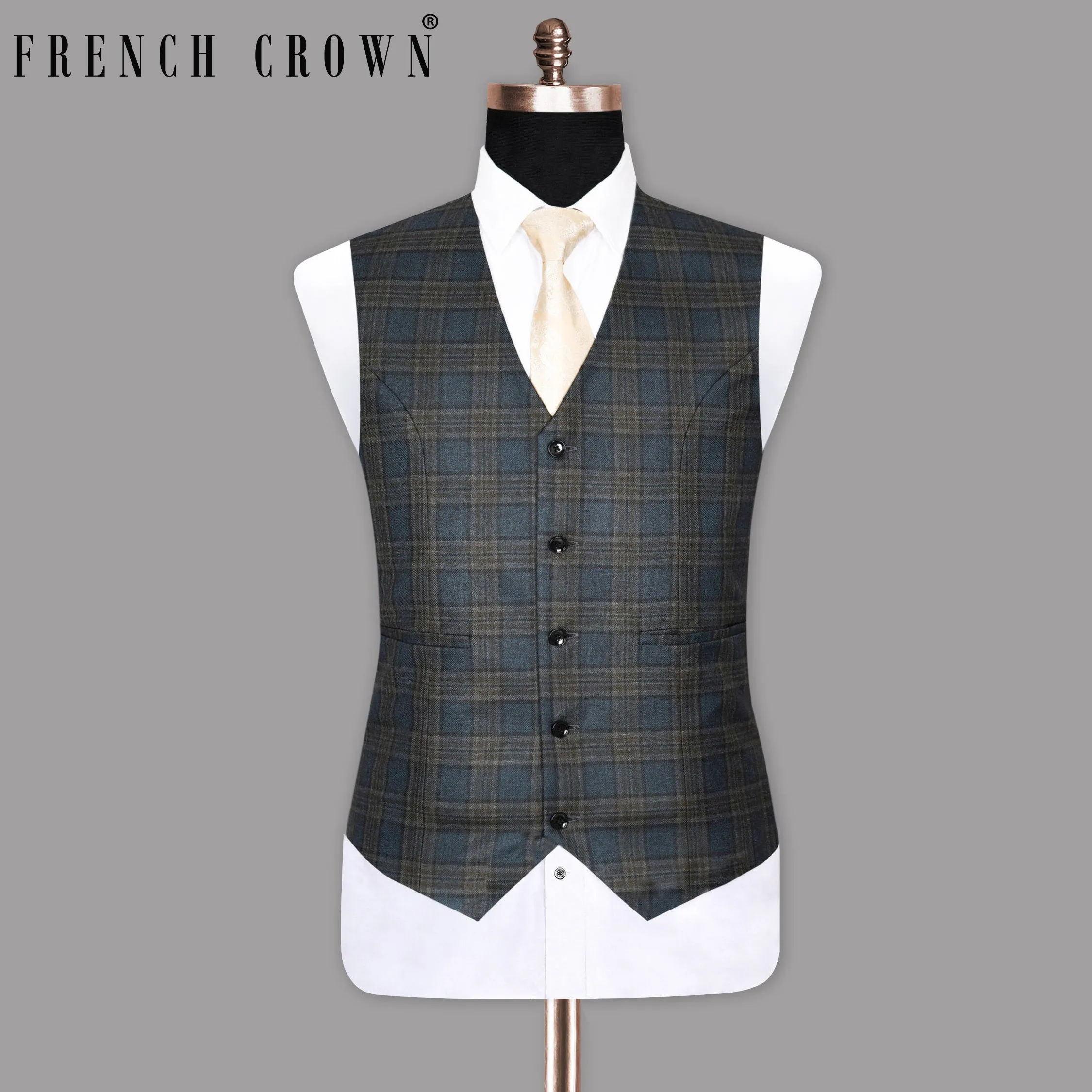 Bayoux Blue with brown Windowpane Wool Rich Waistcoat