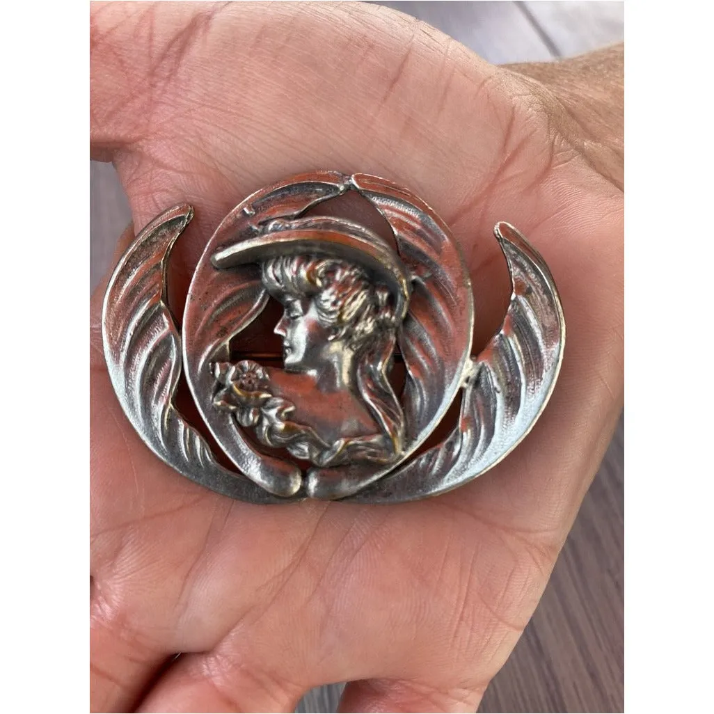 Beautiful Art Nouveau Repoussé Ladies Figural Floral Silver Plated