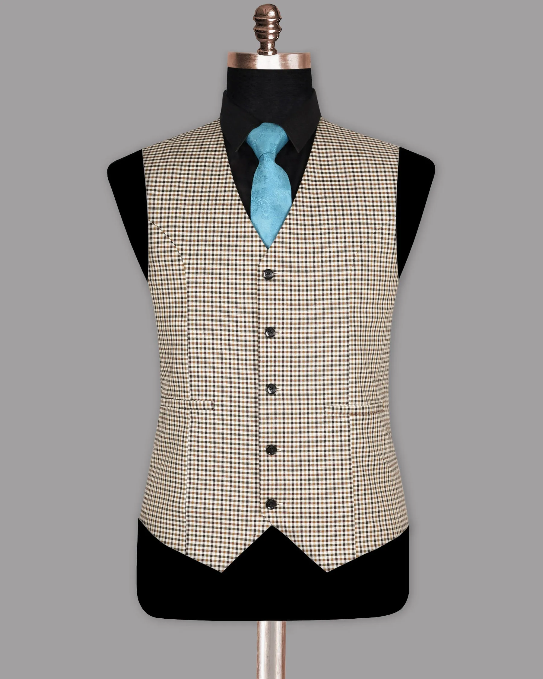 Beige with Brown Micro Checked Premium Cotton Waistcoat