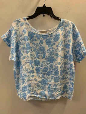 BELLUMBIA Tops Size S WHT/BLUE Floral CAP SLEEVE LINEN TOP