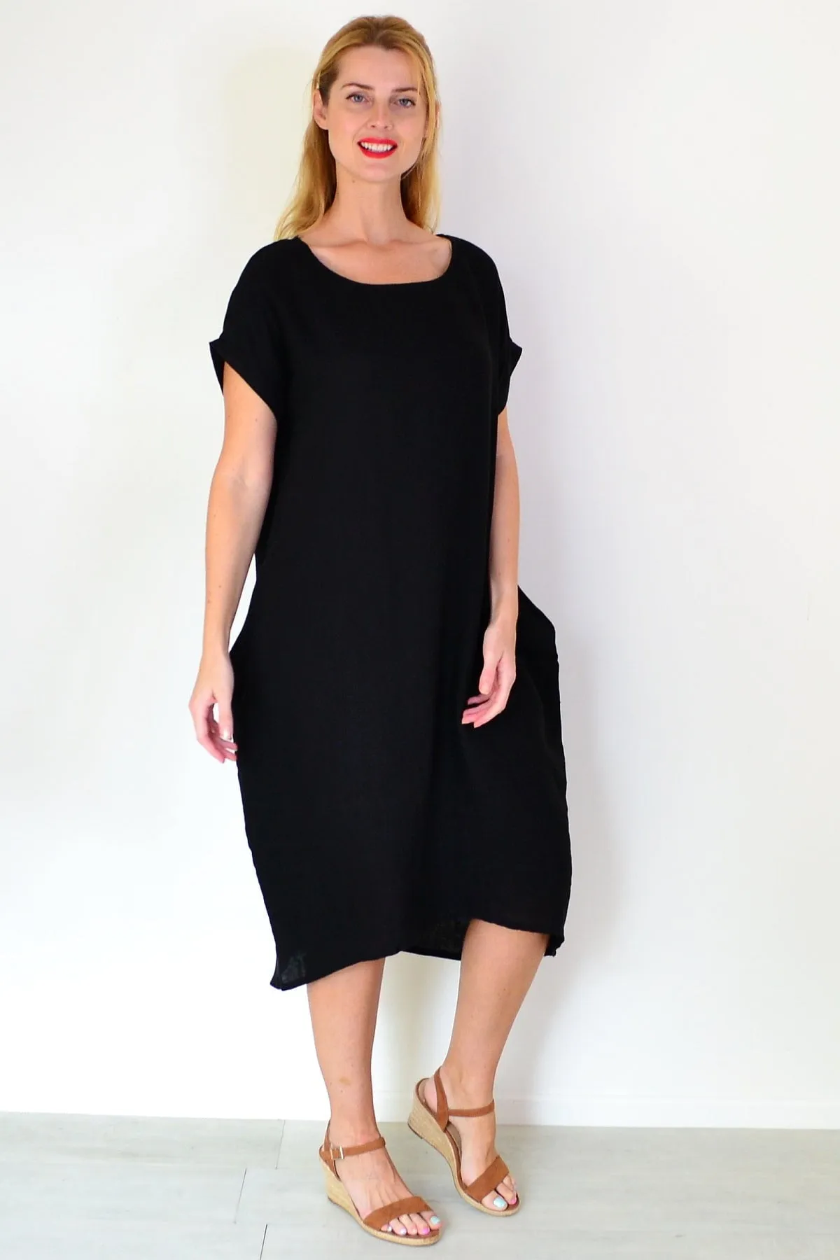 Black Short Sleeve Side Pockets Linen Dress