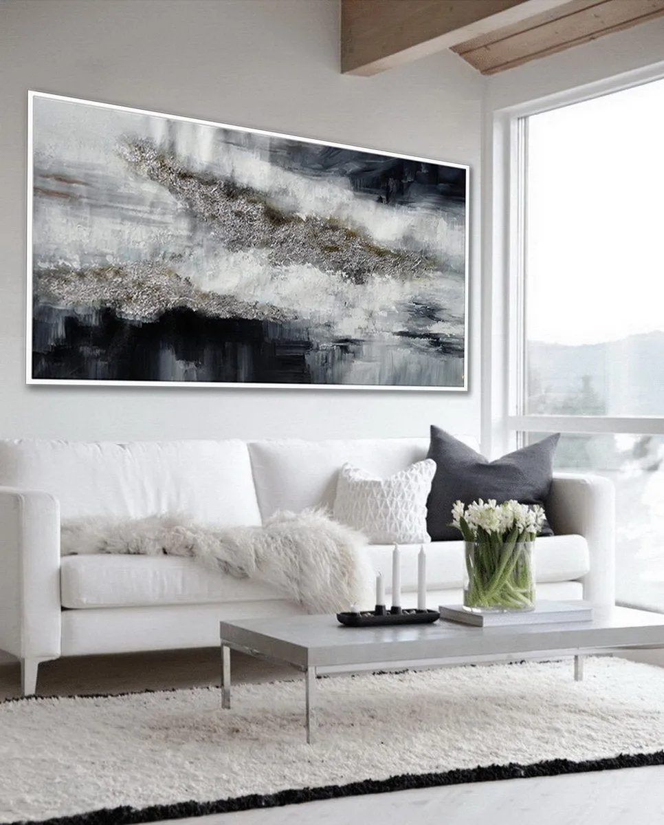 Black Silver Artwork Extra Large Panoramic Abstract Painting Ap053