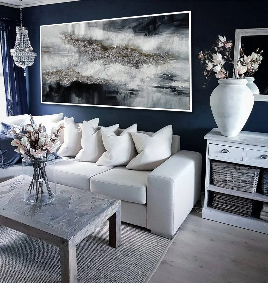 Black Silver Artwork Extra Large Panoramic Abstract Painting Ap053