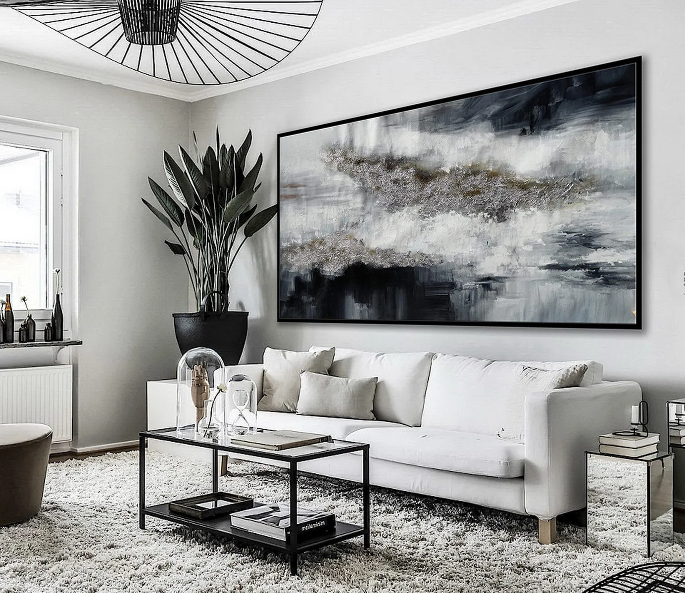 Black Silver Artwork Extra Large Panoramic Abstract Painting Ap053