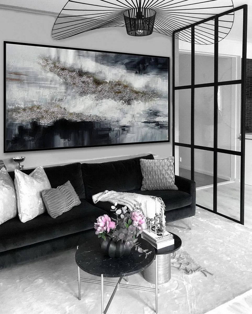 Black Silver Artwork Extra Large Panoramic Abstract Painting Ap053