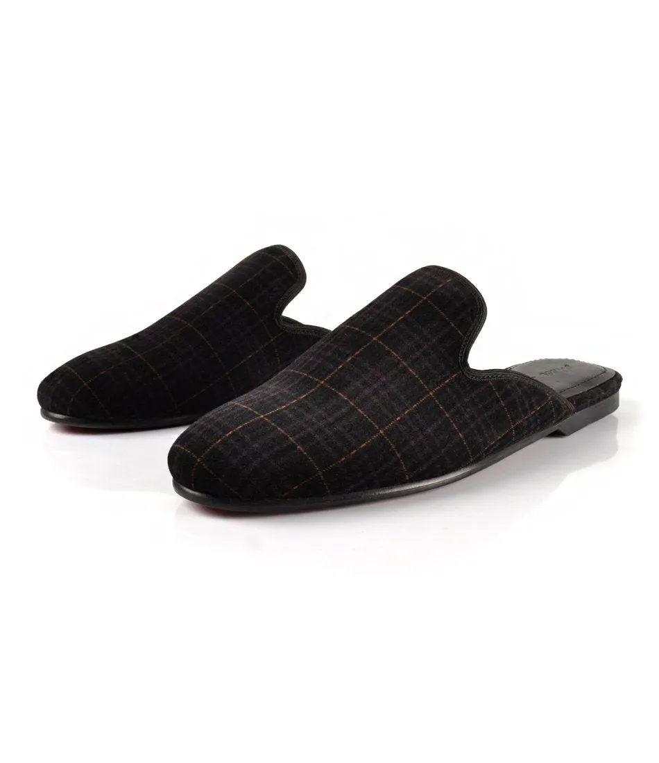 Black Tartan Plaided Velvet Mule