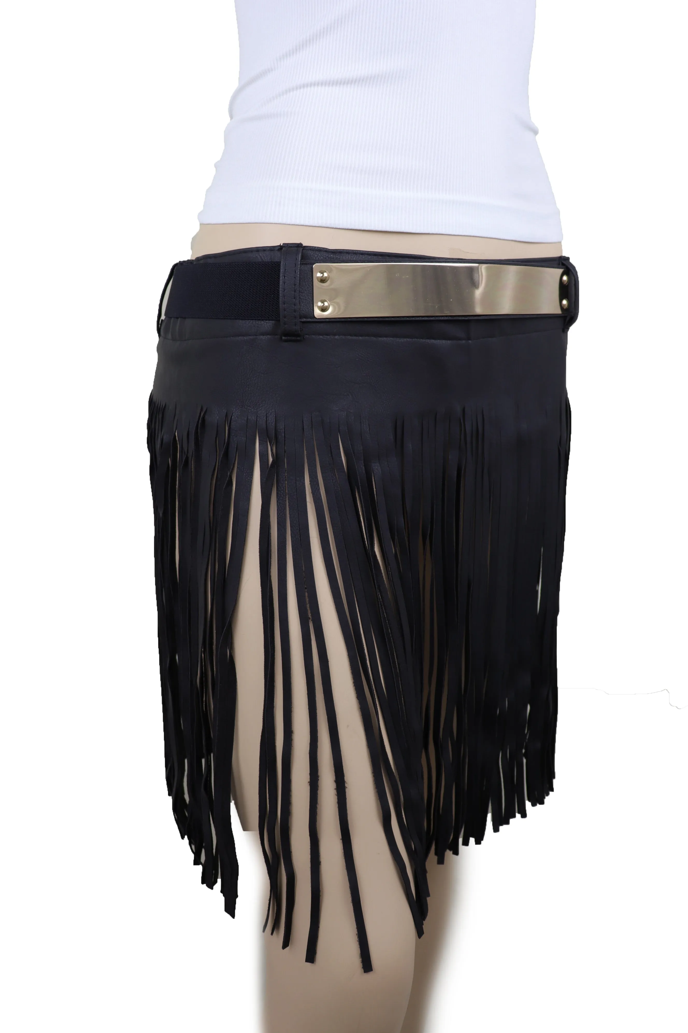 Black Wrap Around Long Skirt Faux Leather Fashion Belt Gold Metal Size S M
