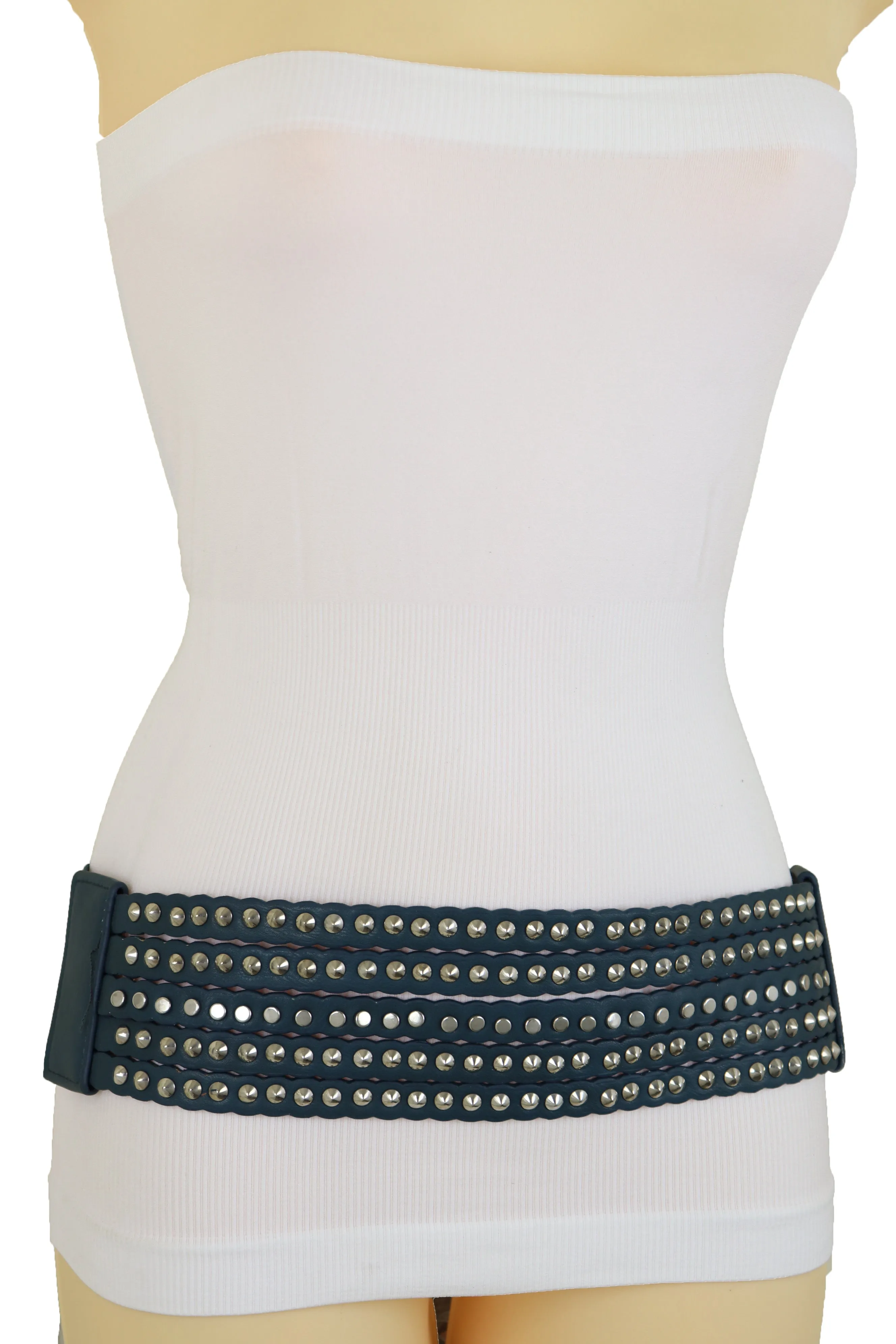 Black Wrap Around Long Skirt Faux Leather Fashion Belt Gold Metal Size S M