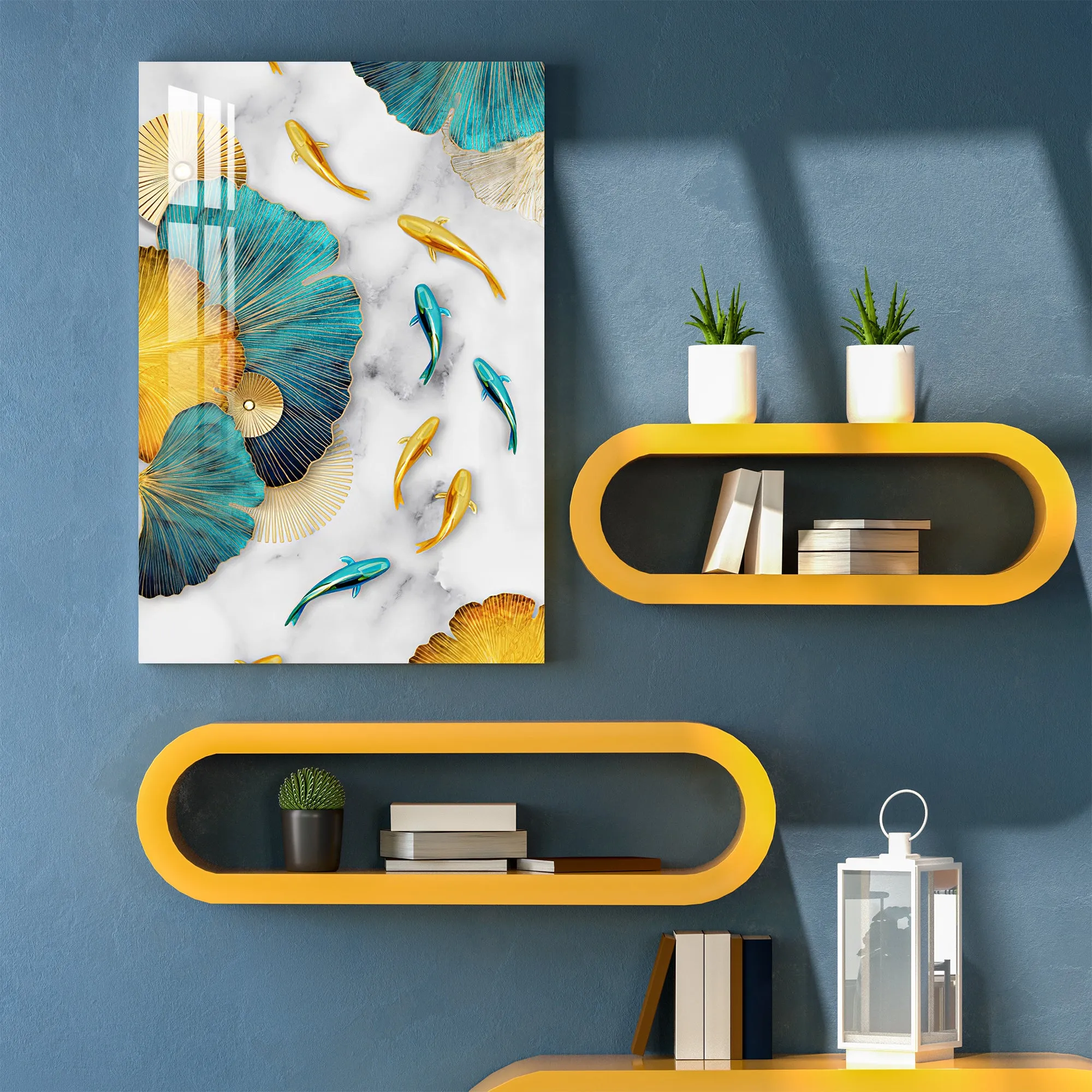 Blue & Golden Fishes With Leaves Acrylic Wall Art