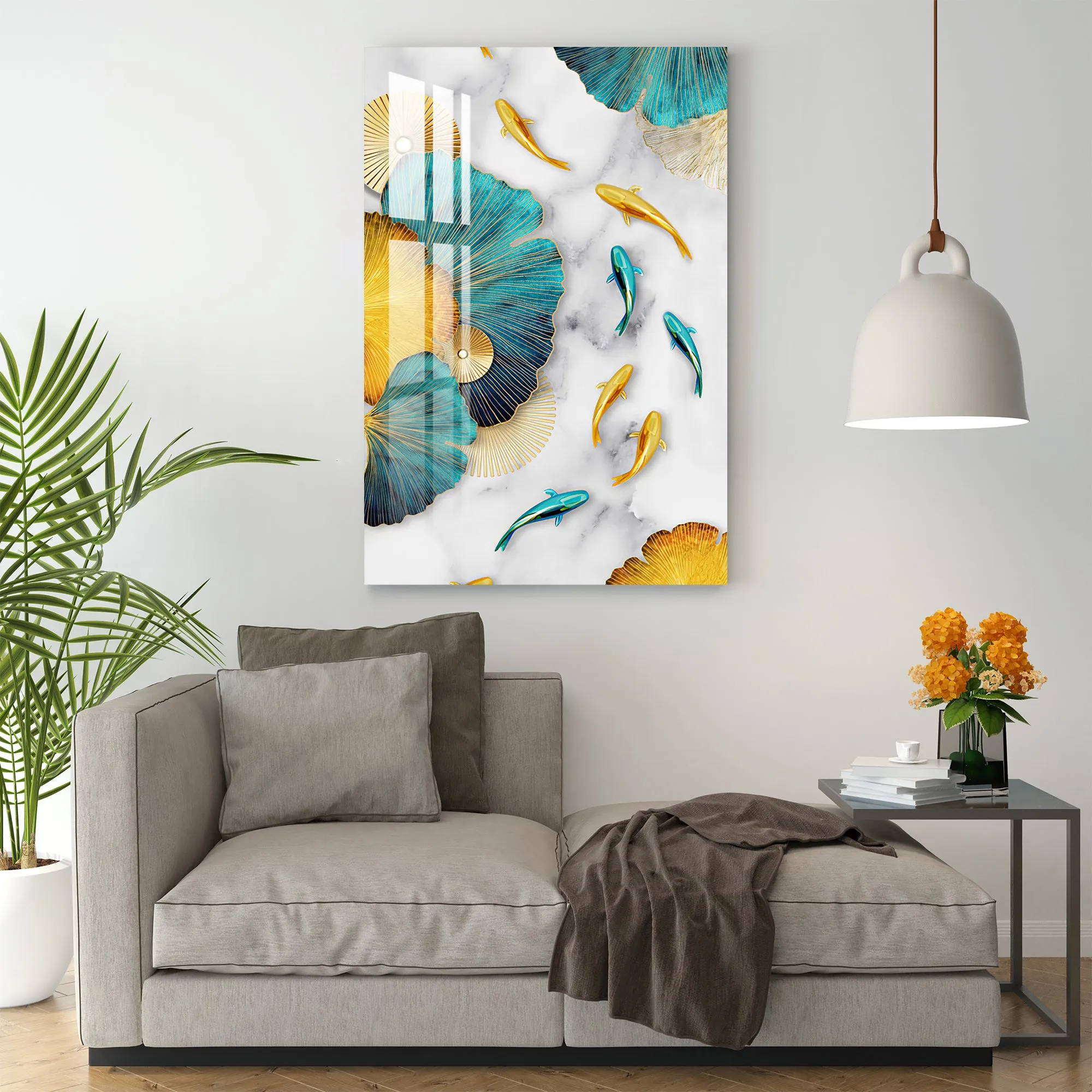 Blue & Golden Fishes With Leaves Acrylic Wall Art