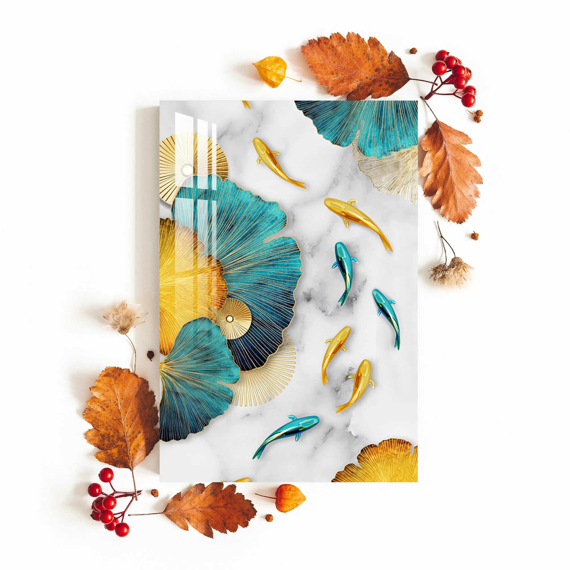 Blue & Golden Fishes With Leaves Acrylic Wall Art