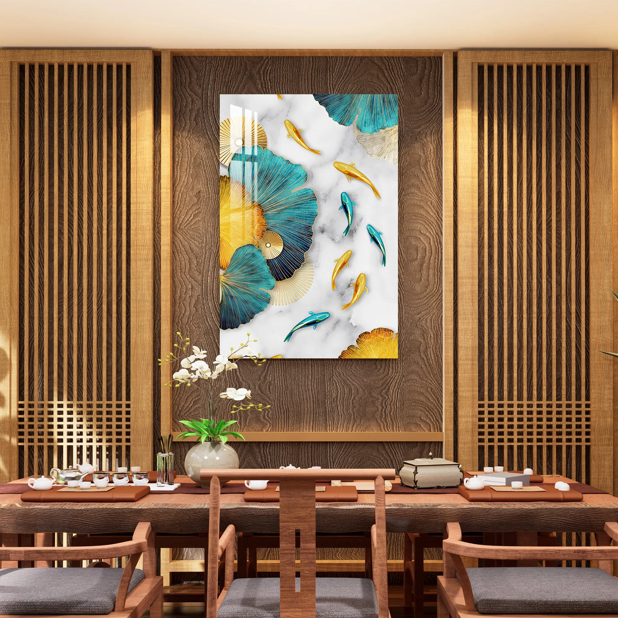 Blue & Golden Fishes With Leaves Acrylic Wall Art