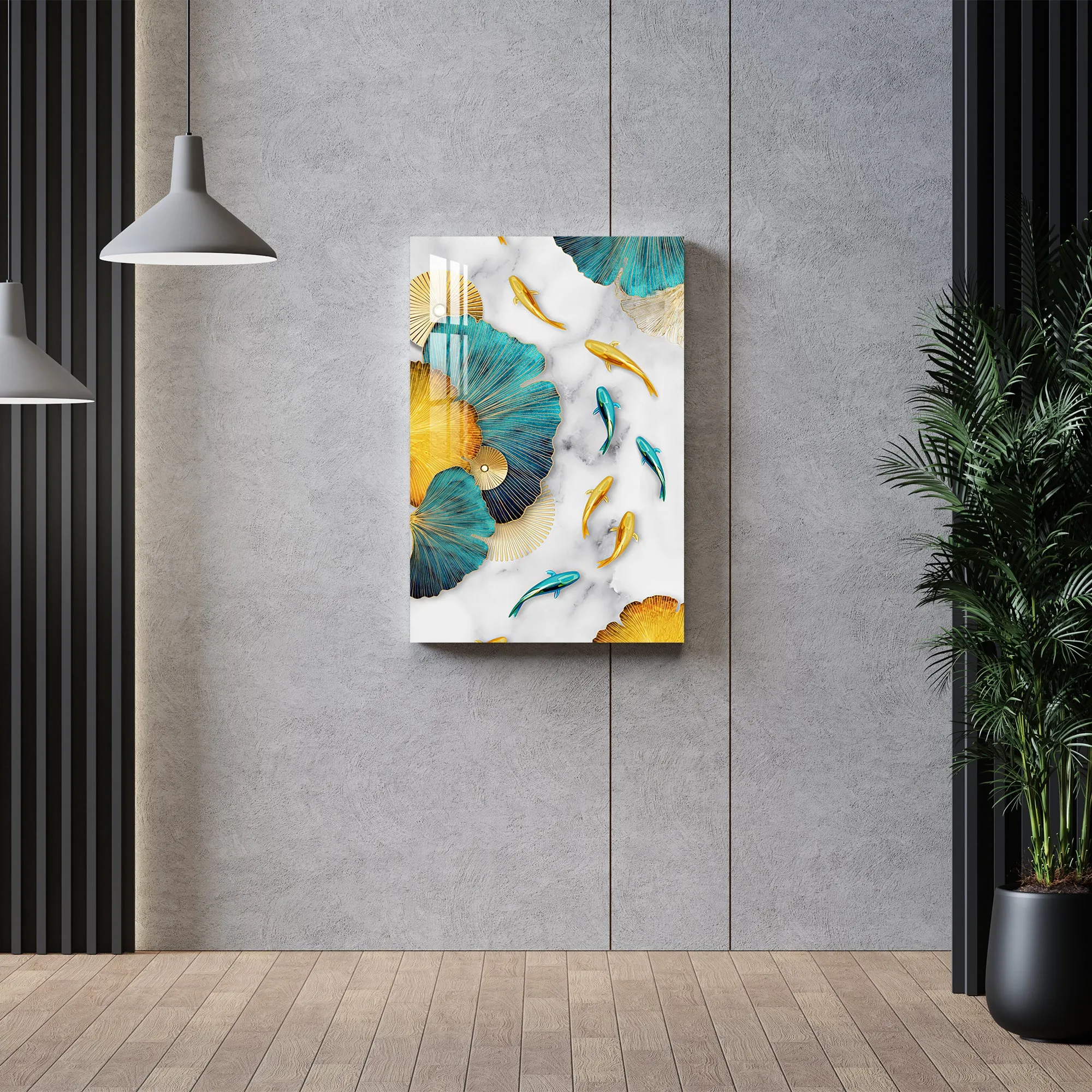 Blue & Golden Fishes With Leaves Acrylic Wall Art