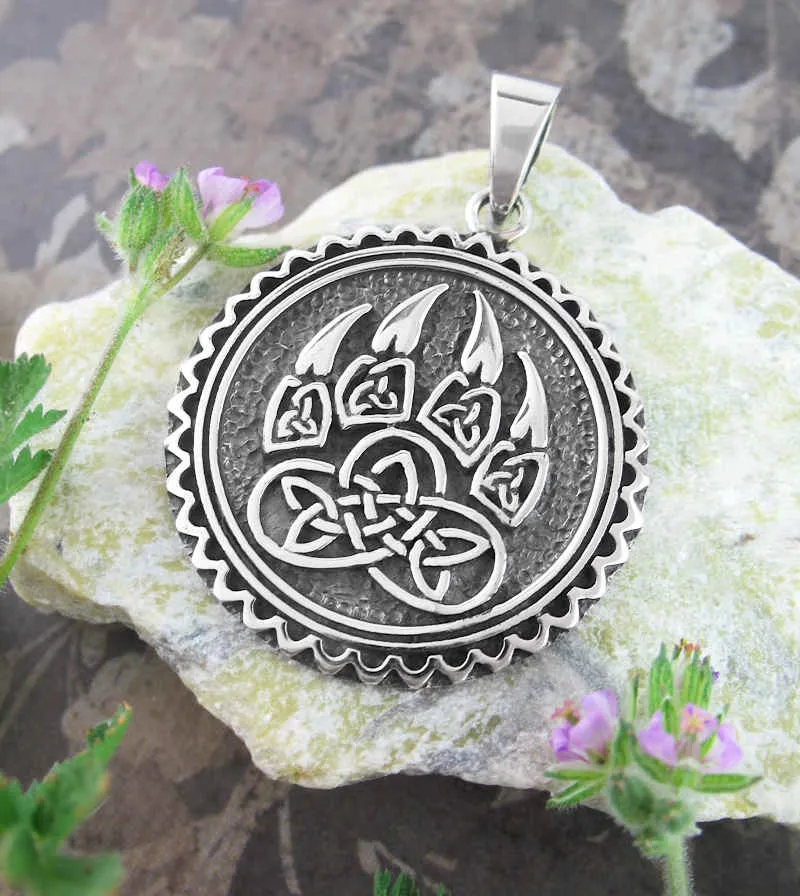 Bold Celtic Wolf Paw With Triquetra Knots Round Pendant