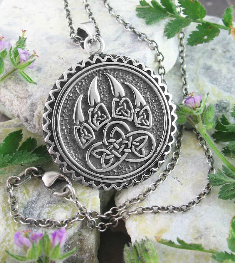 Bold Celtic Wolf Paw With Triquetra Knots Round Pendant