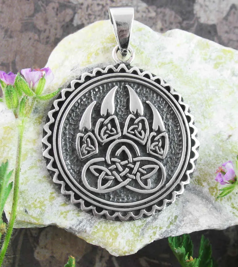 Bold Celtic Wolf Paw With Triquetra Knots Round Pendant