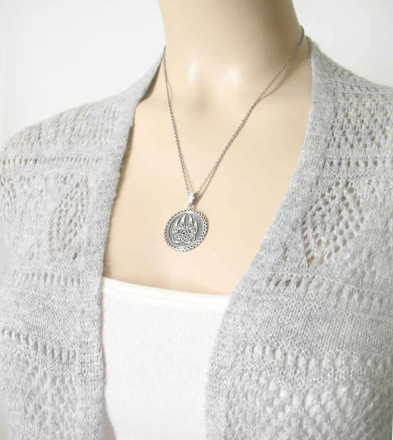 Bold Celtic Wolf Paw With Triquetra Knots Round Pendant