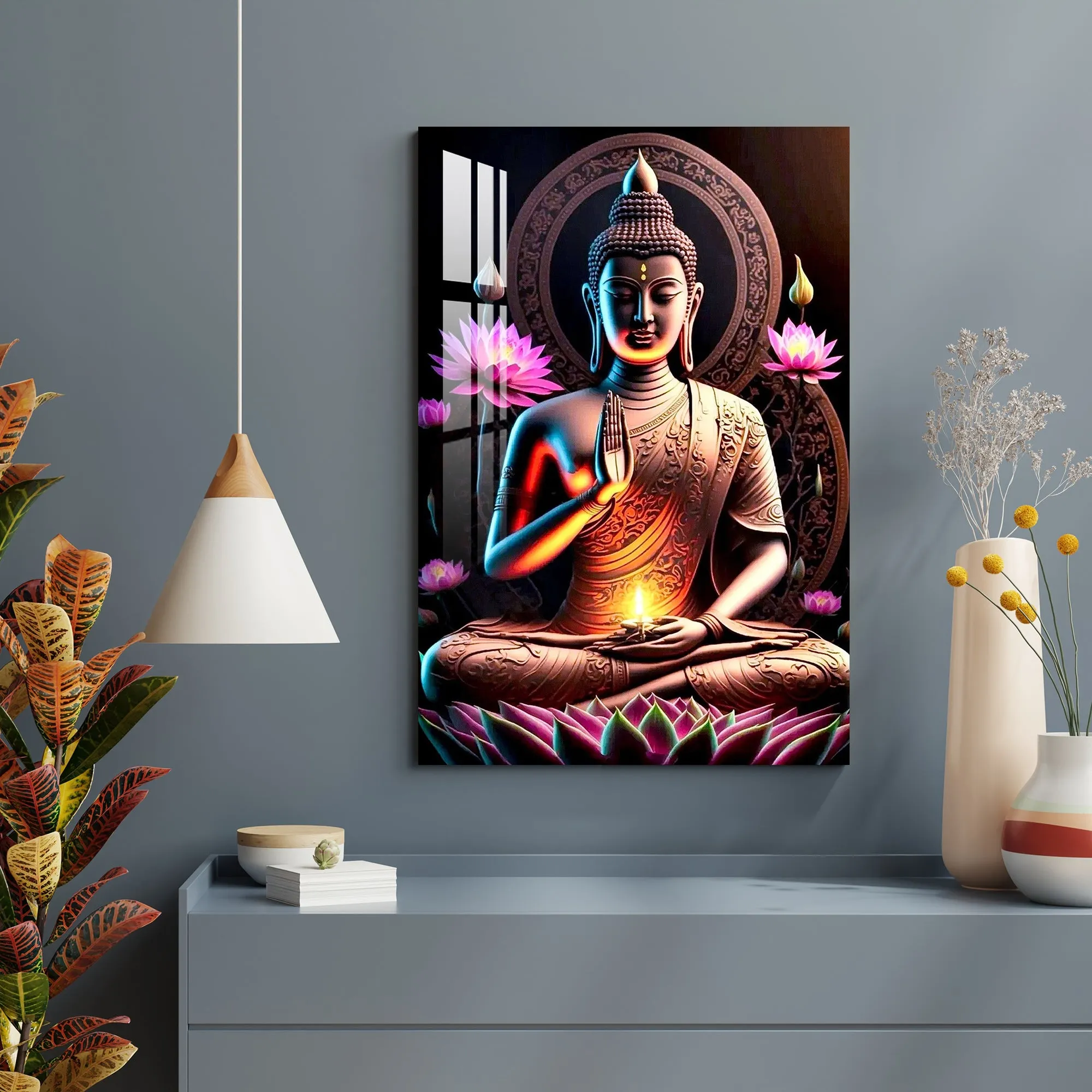 Buddha With Flowers Acrylic Wall Art