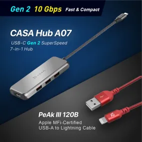 CASA Hub A07 USB-C Gen2 SuperSpeed 7-in-1 Hub    PeAk III 120B - Apple MFi-Certified USB-A to Lightning Cable (1.2M)