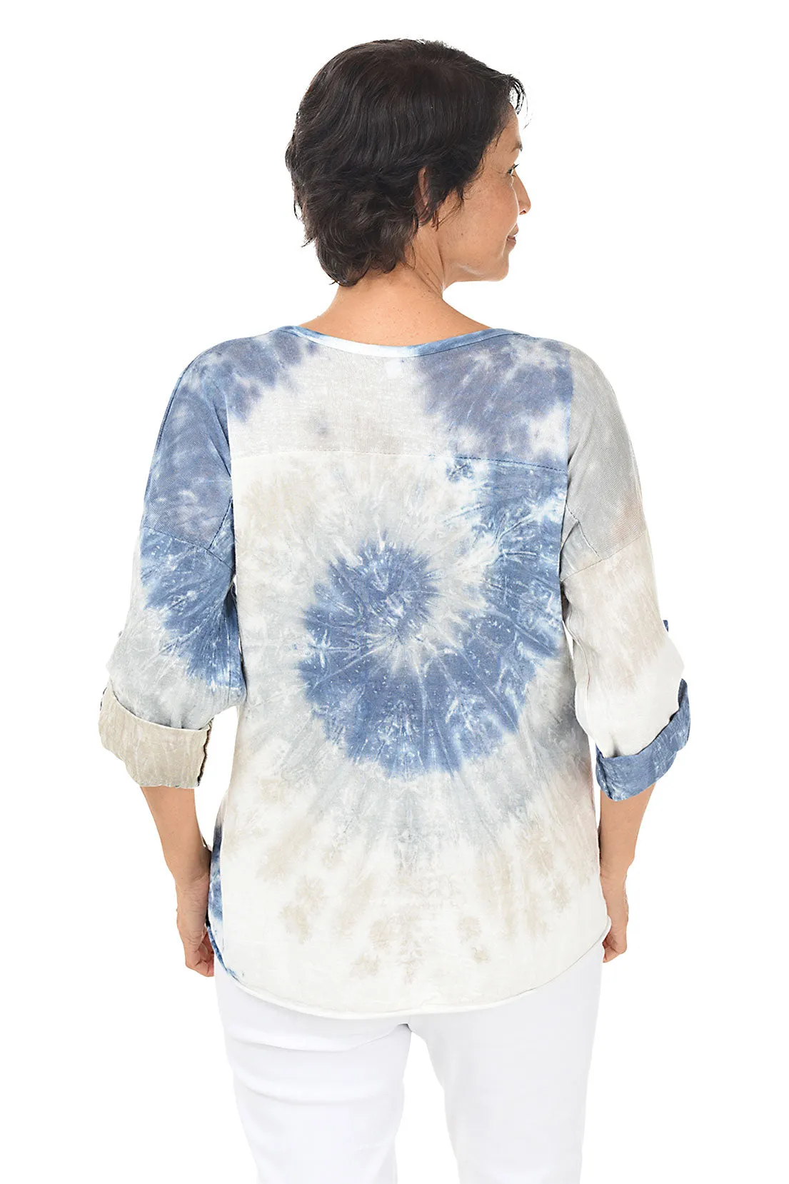 Chambray Tie-Dye Roll-Tab Linen Blouse
