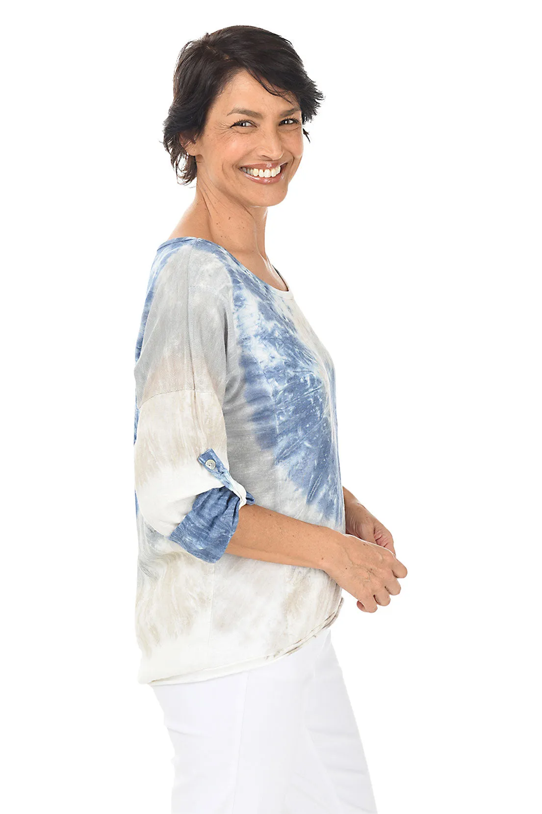 Chambray Tie-Dye Roll-Tab Linen Blouse