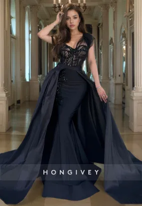 Chic Satin Sheer One Shoulder With Detachable Overskirt Sequined Long Prom Dress