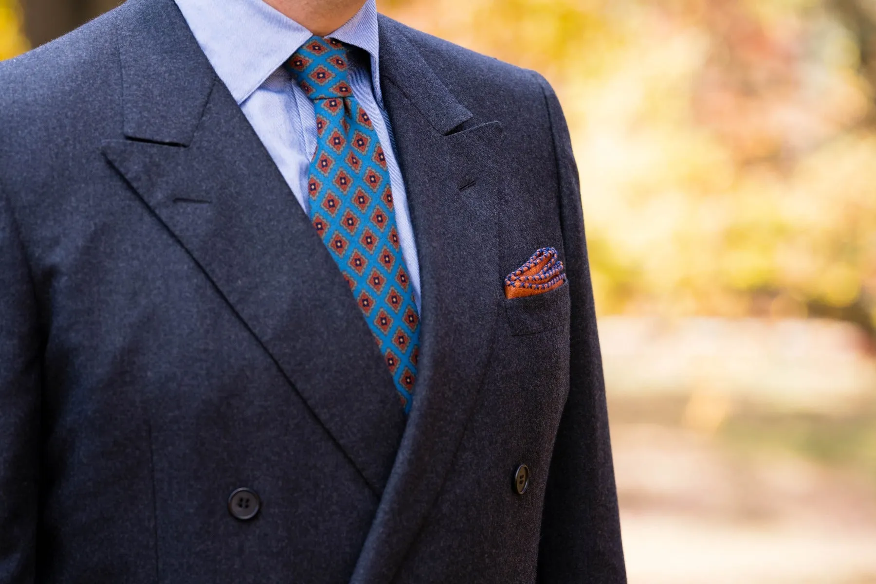 Dark Blue X-Stitch Edge Rust Orange Linen Pocket Square