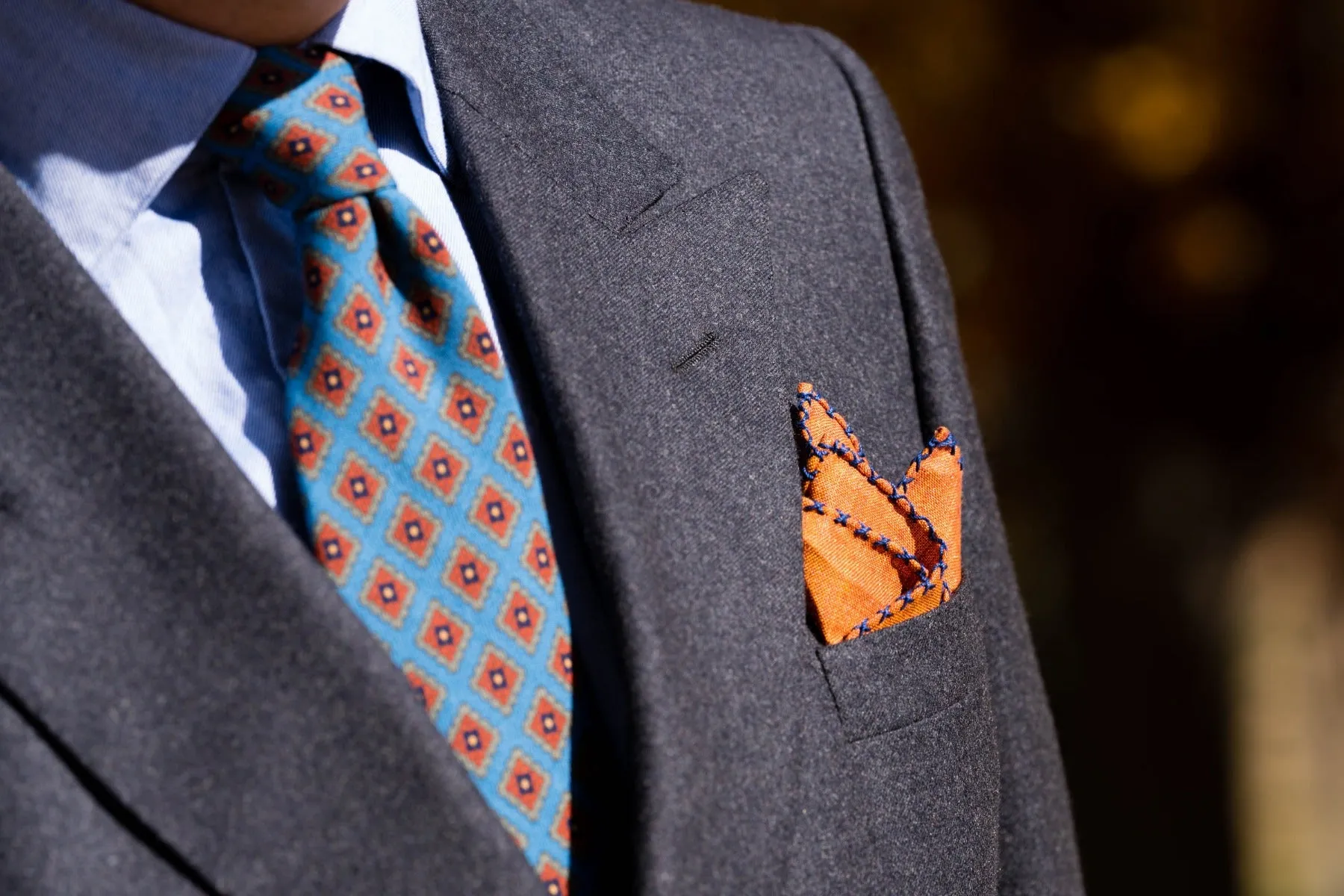 Dark Blue X-Stitch Edge Rust Orange Linen Pocket Square