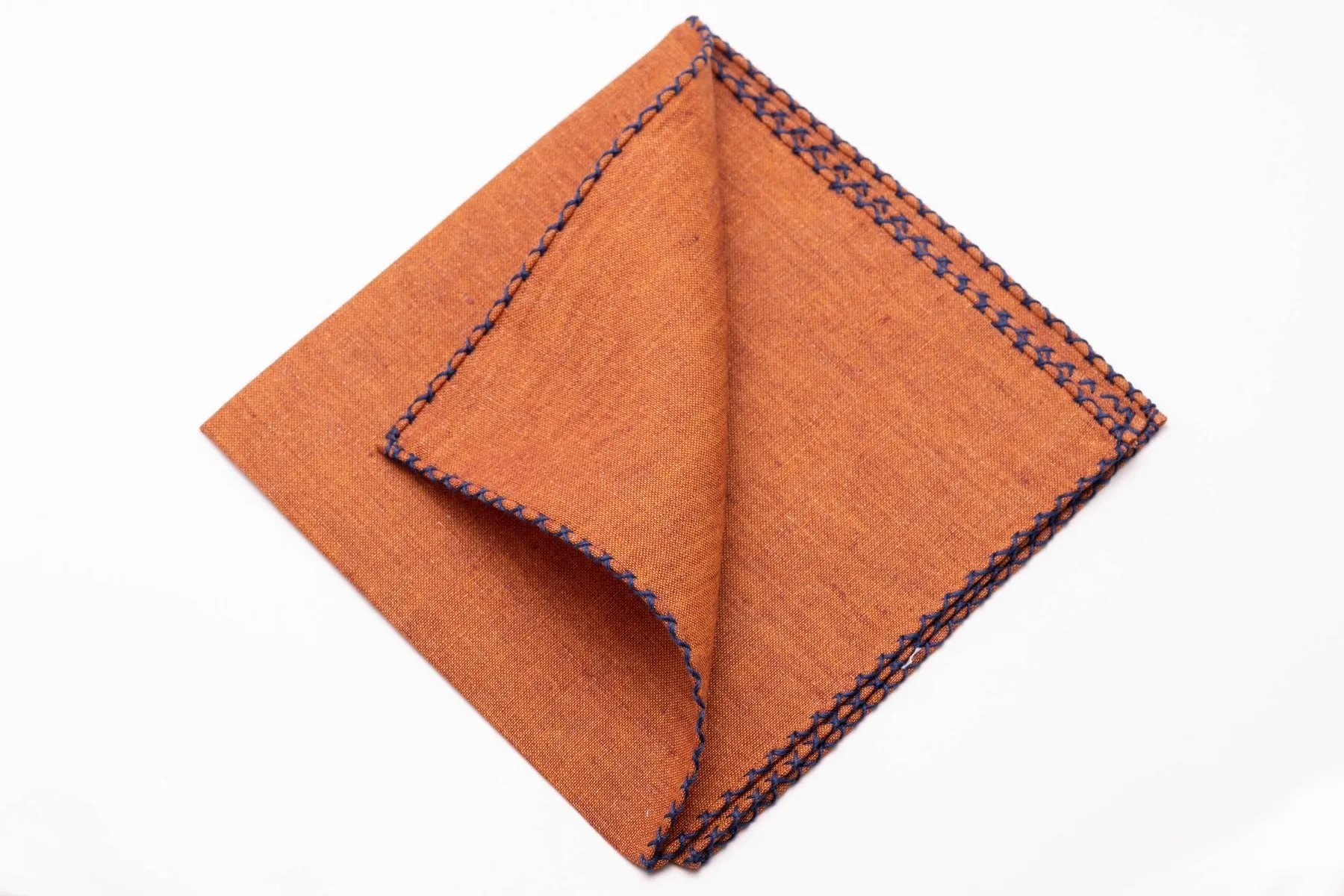 Dark Blue X-Stitch Edge Rust Orange Linen Pocket Square