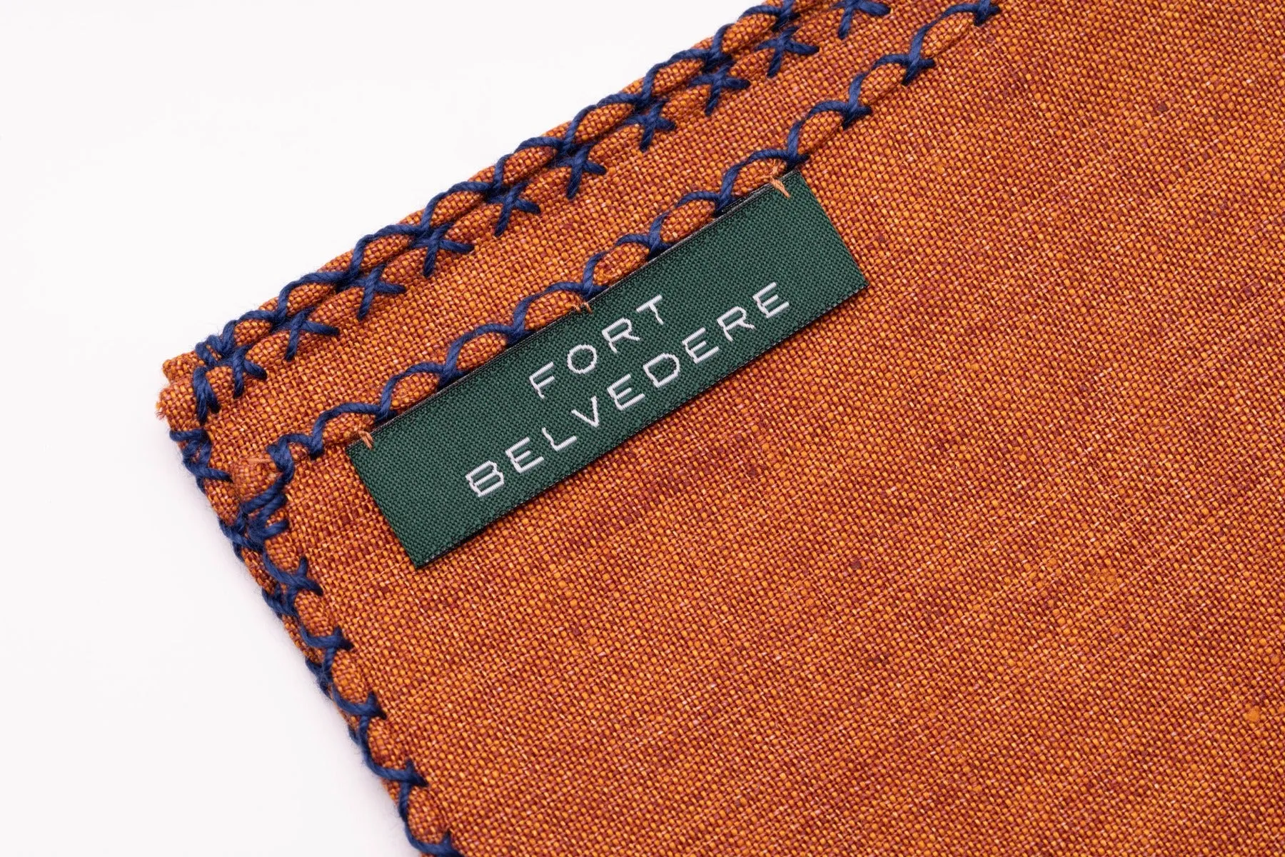 Dark Blue X-Stitch Edge Rust Orange Linen Pocket Square