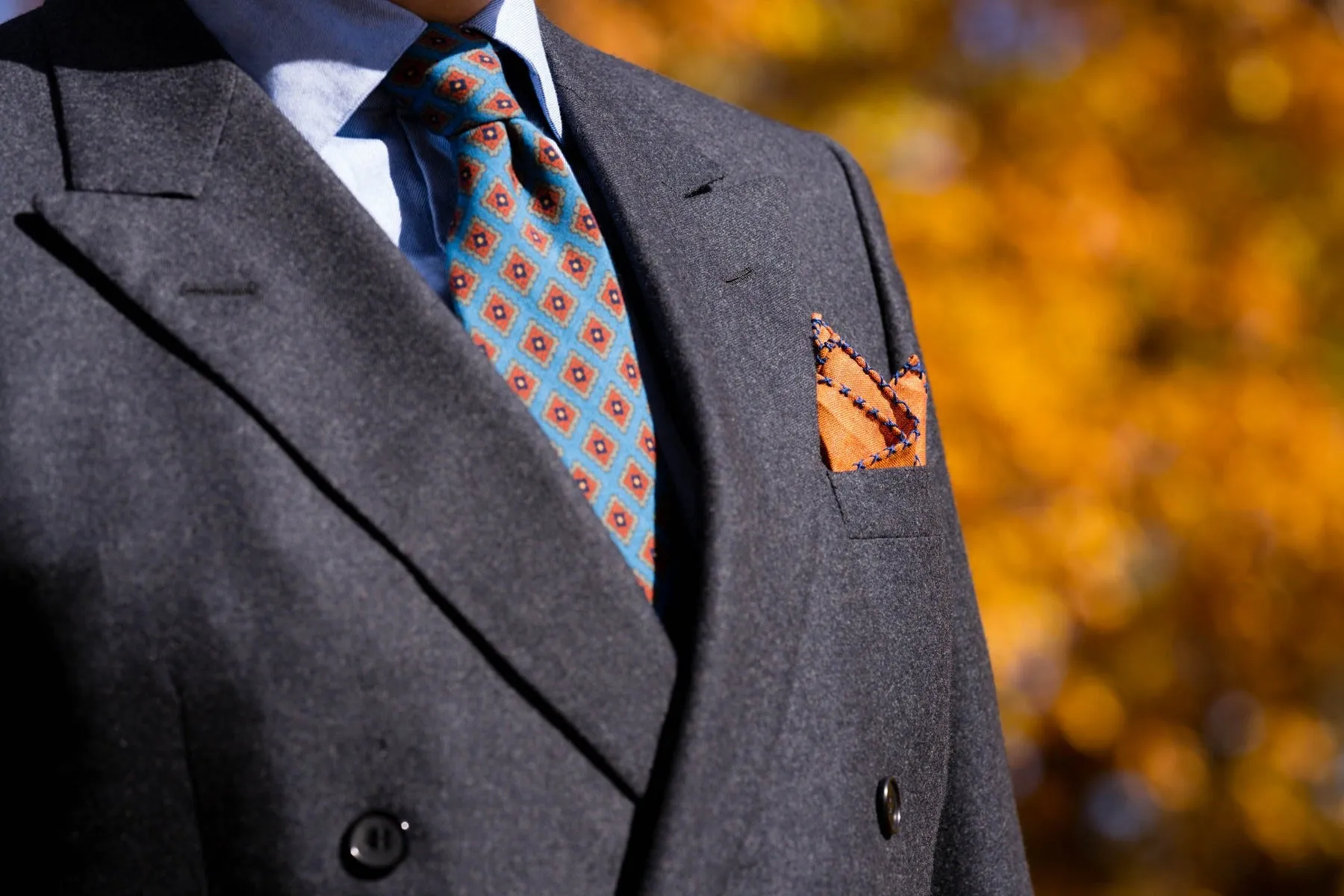Dark Blue X-Stitch Edge Rust Orange Linen Pocket Square
