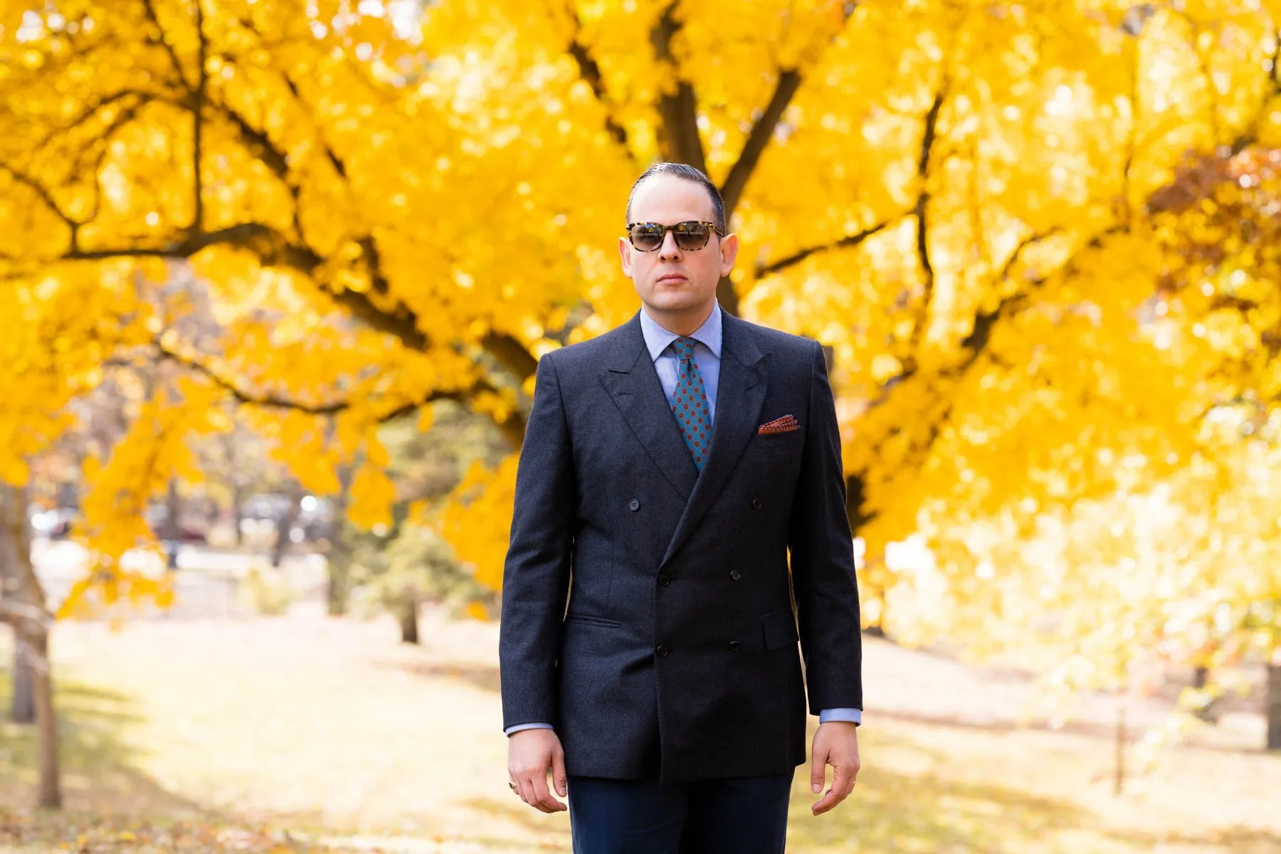 Dark Blue X-Stitch Edge Rust Orange Linen Pocket Square