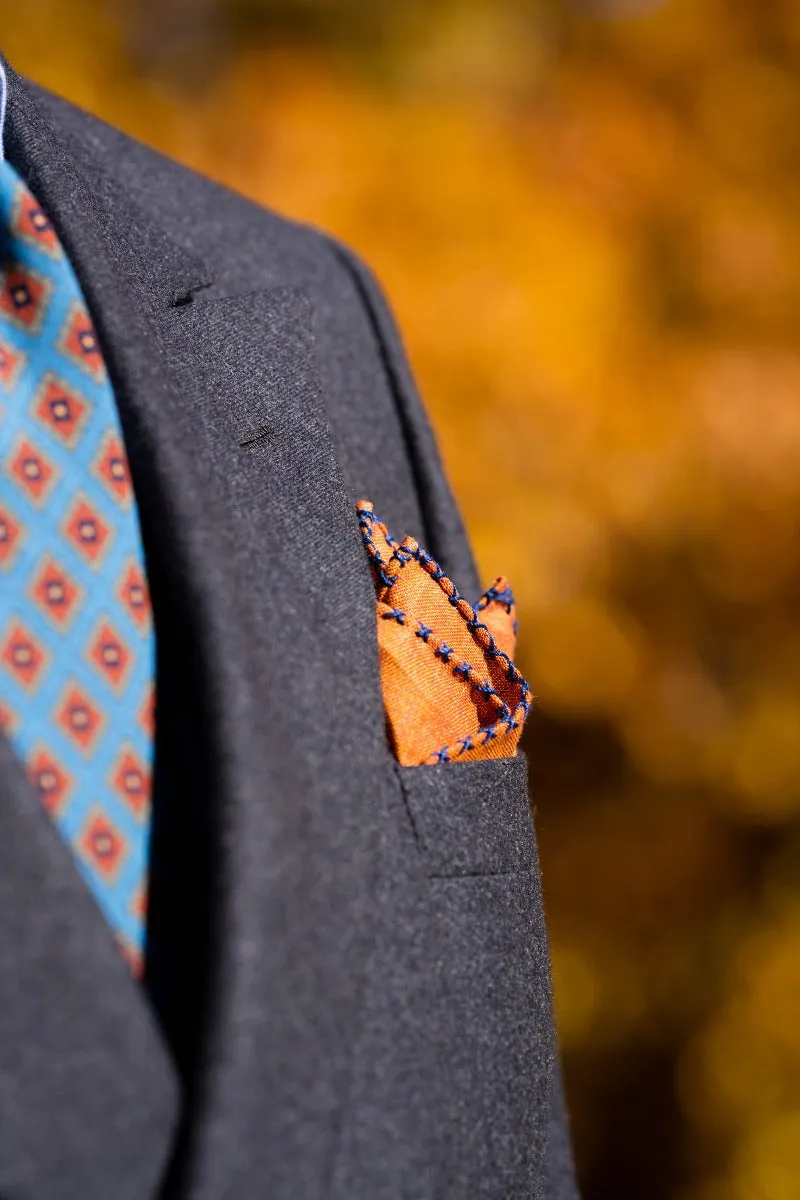 Dark Blue X-Stitch Edge Rust Orange Linen Pocket Square