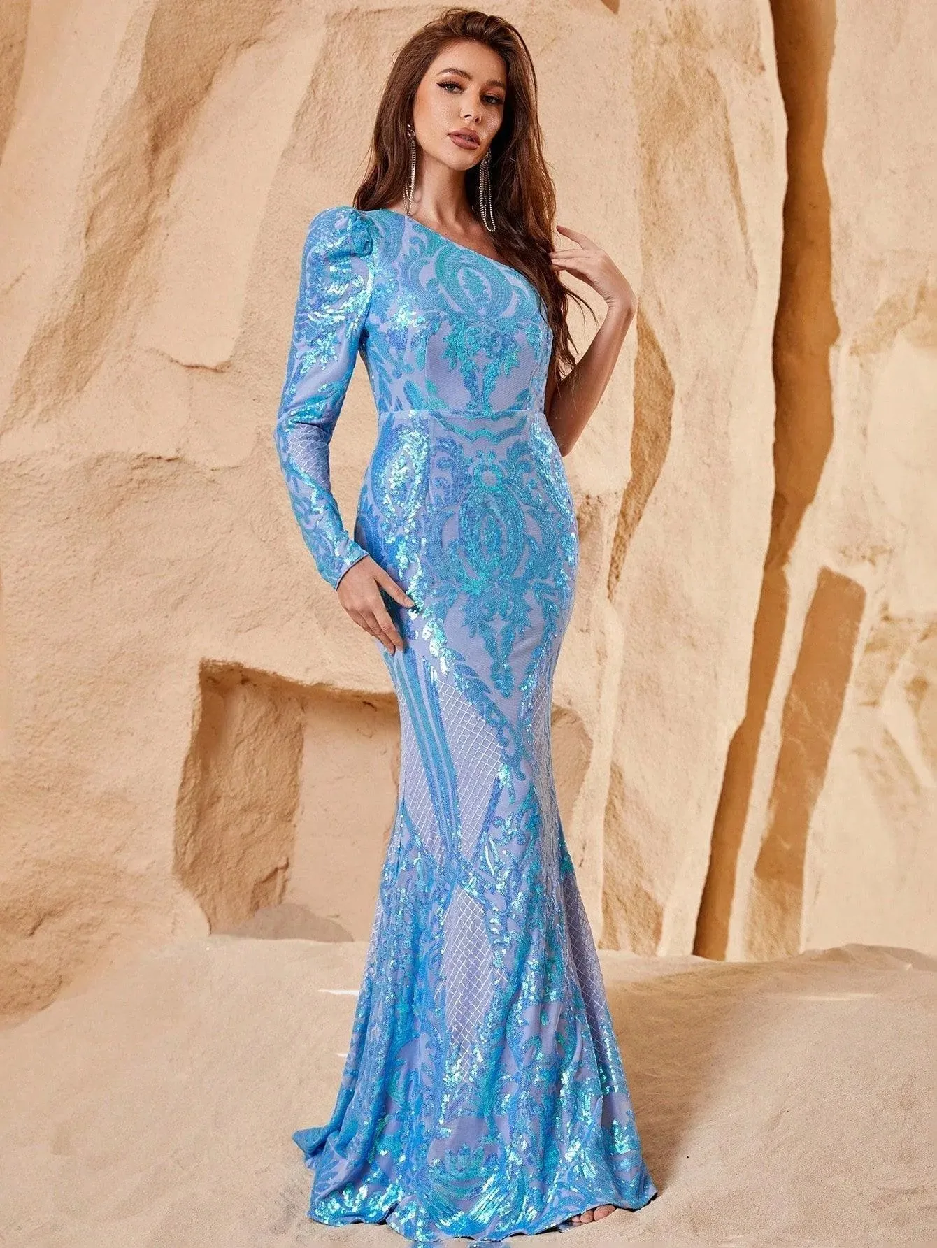 Elegant One Shoulder Long Sleeves Sequin Mermaid Party Dress