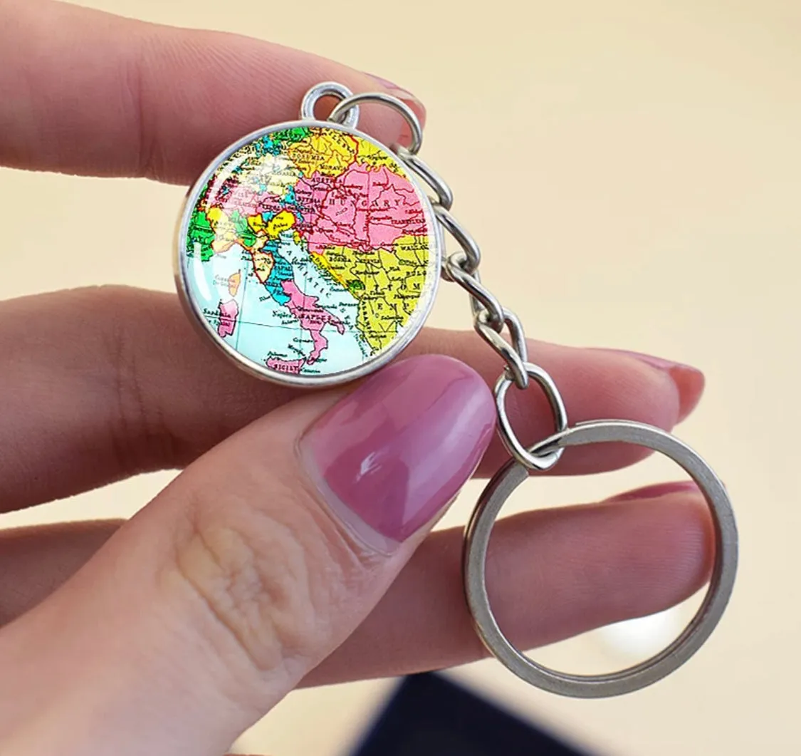 European Countries Map Keychain  Italy Vintage Map Glass Ball Key Chain Ring Travel Gift