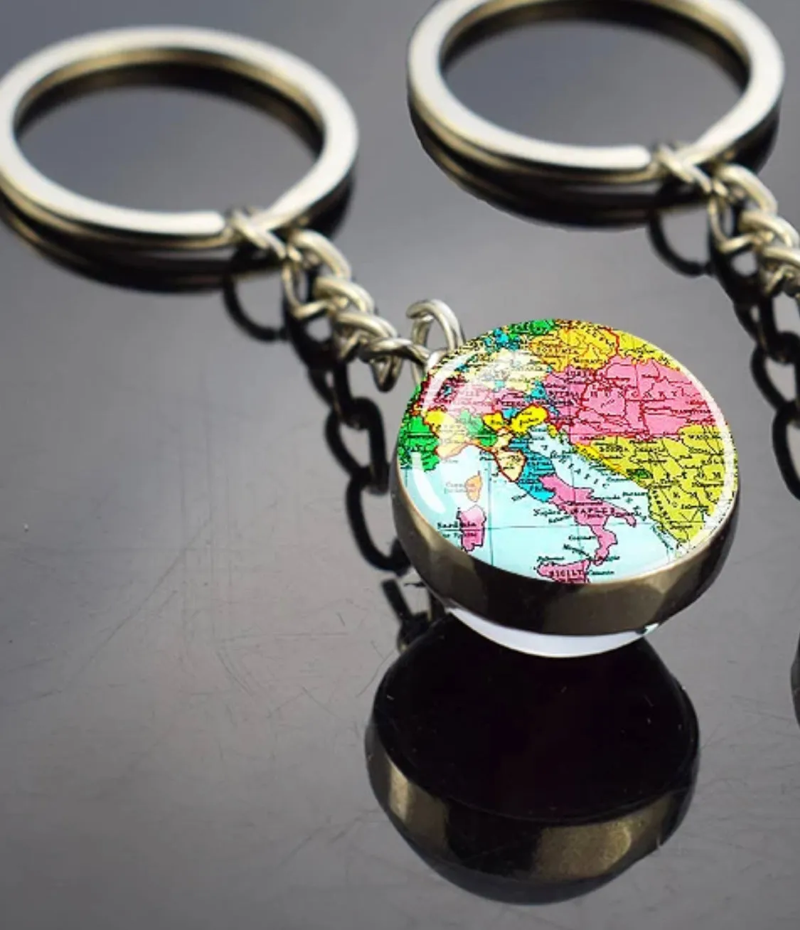 European Countries Map Keychain  Italy Vintage Map Glass Ball Key Chain Ring Travel Gift