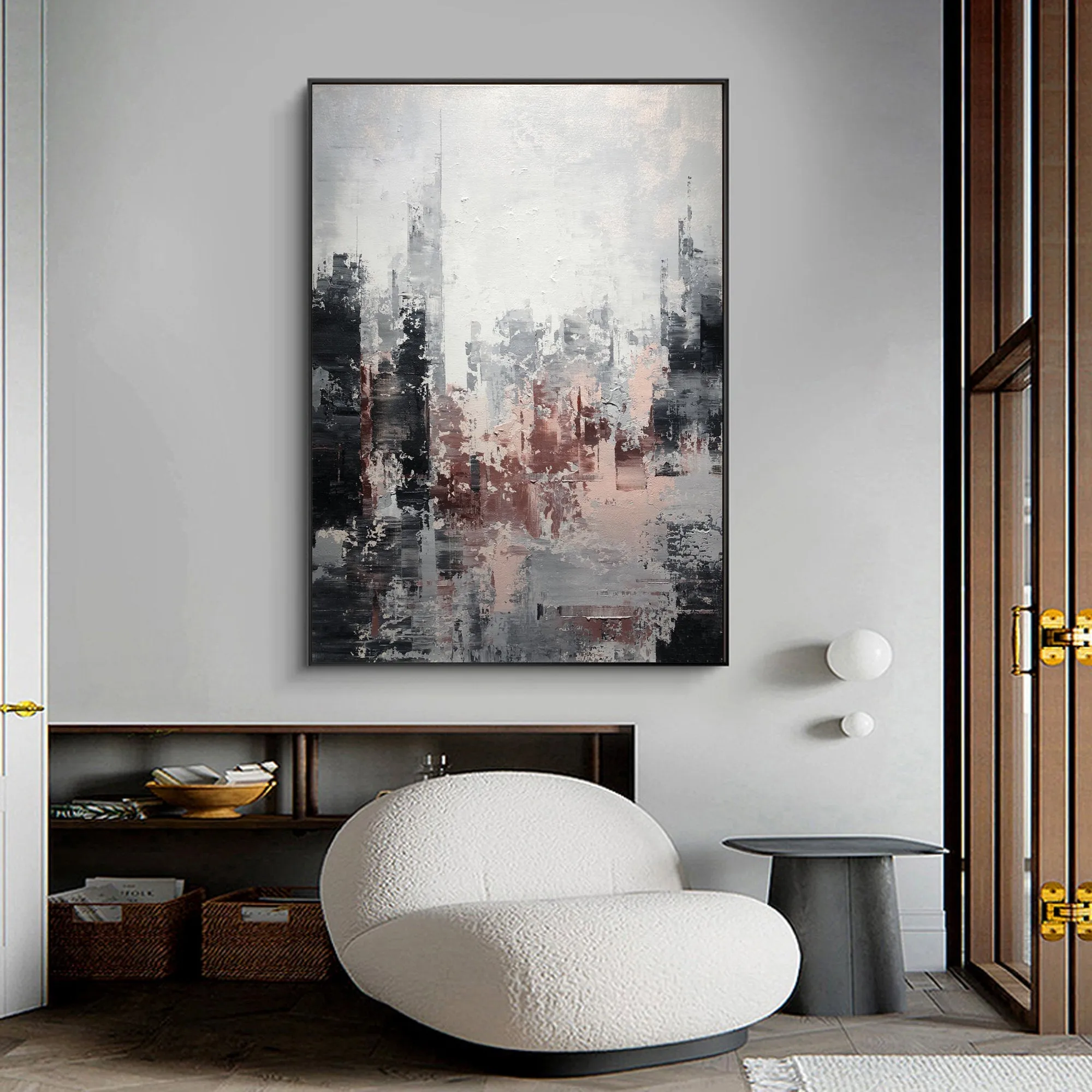 Large Gray Painting Abstract City Painting Black and White Painting Op069